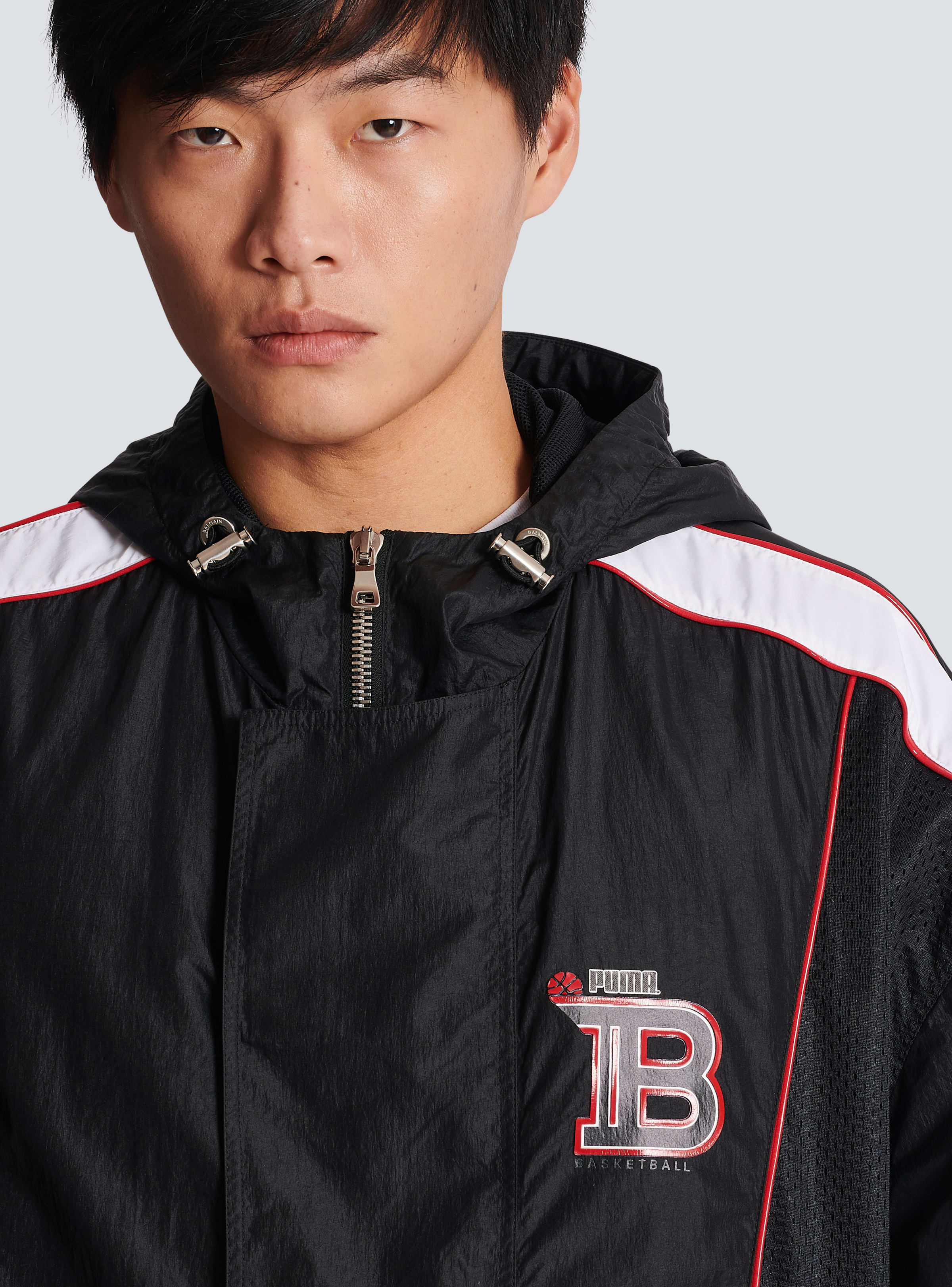 BALMAIN MEN'S BLACK MID-LENGTH PARKA WITH STRIPES