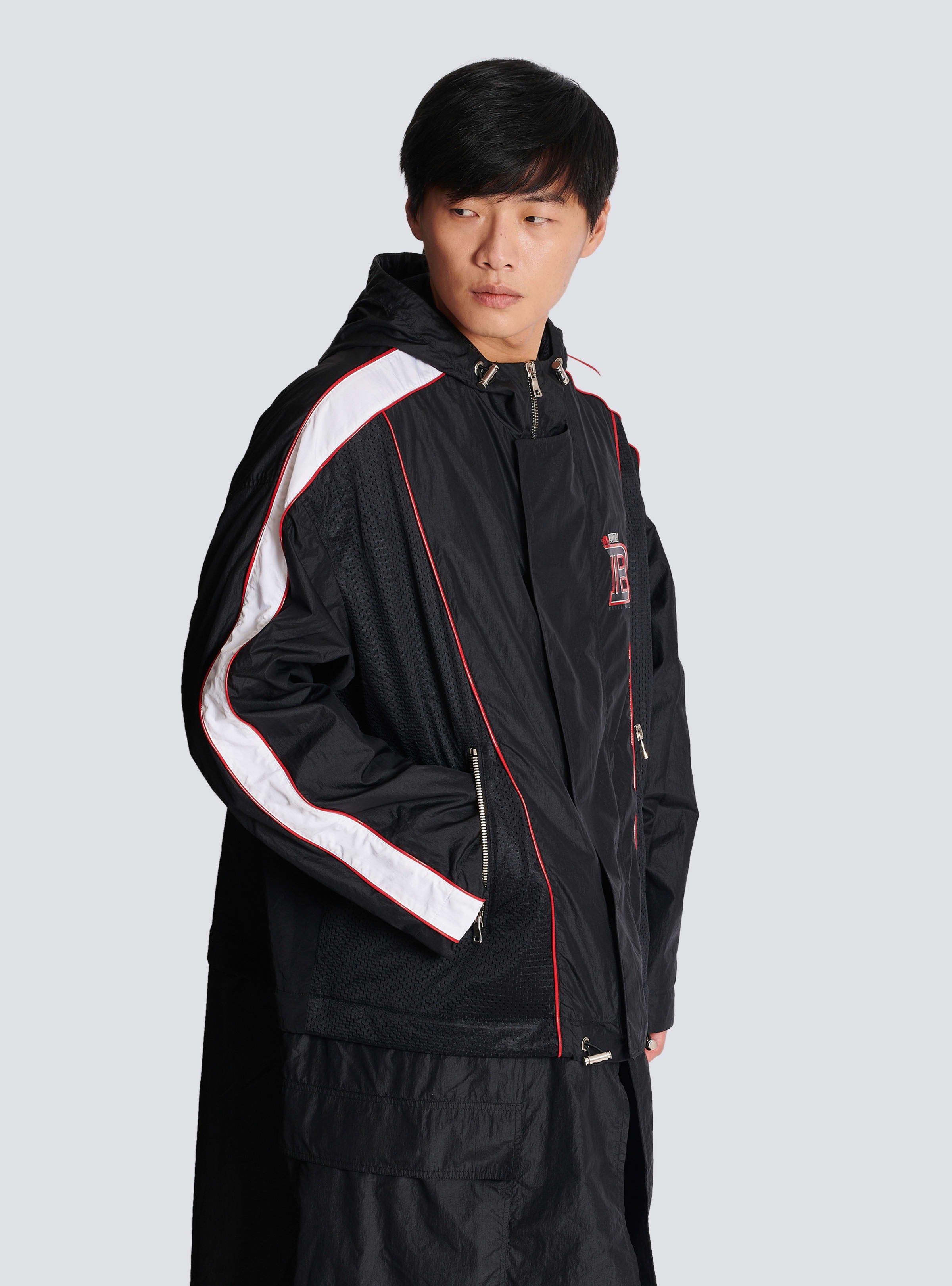 BALMAIN MEN'S BLACK MID-LENGTH PARKA WITH STRIPES