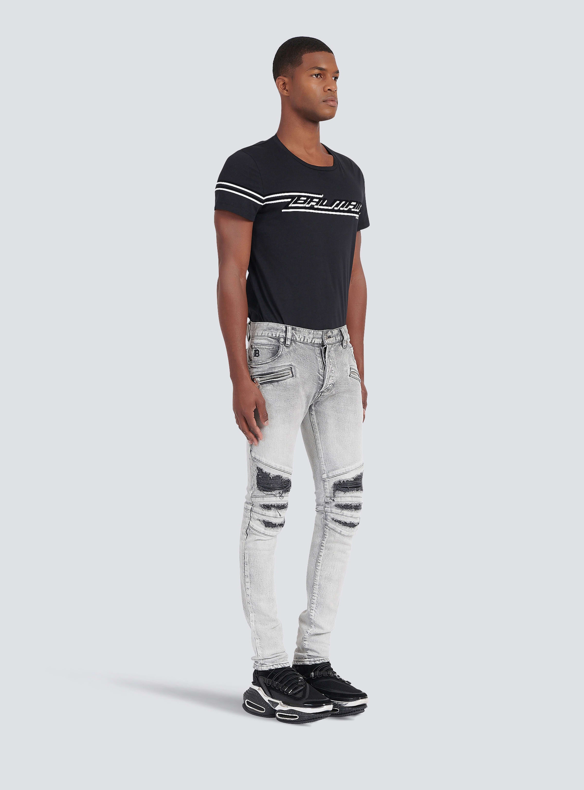 BALMAIN MEN'S RIBBED PATCHES SLIM JEANS-BLEACHED NWT