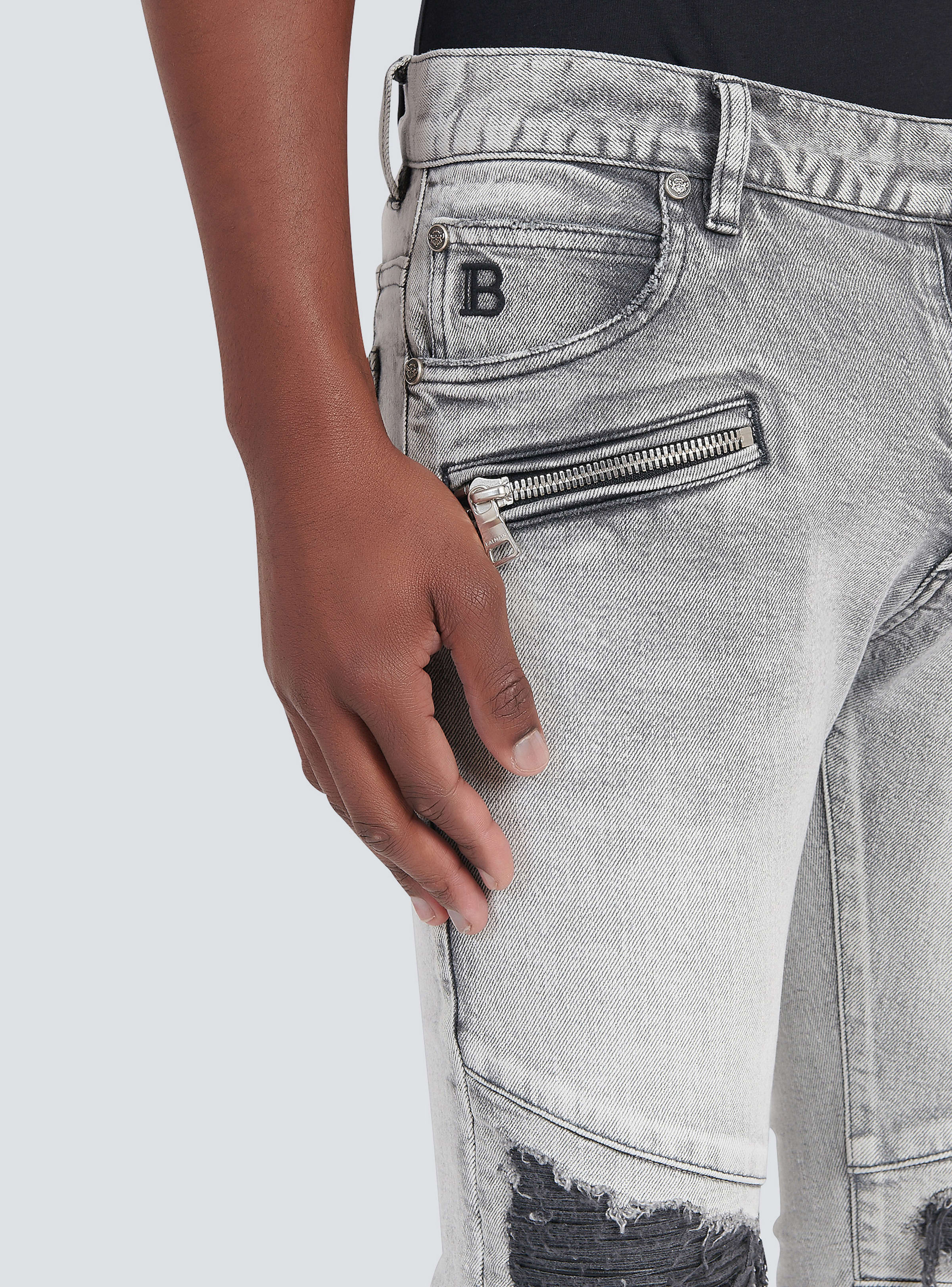 BALMAIN MEN'S RIBBED PATCHES SLIM JEANS-BLEACHED NWT