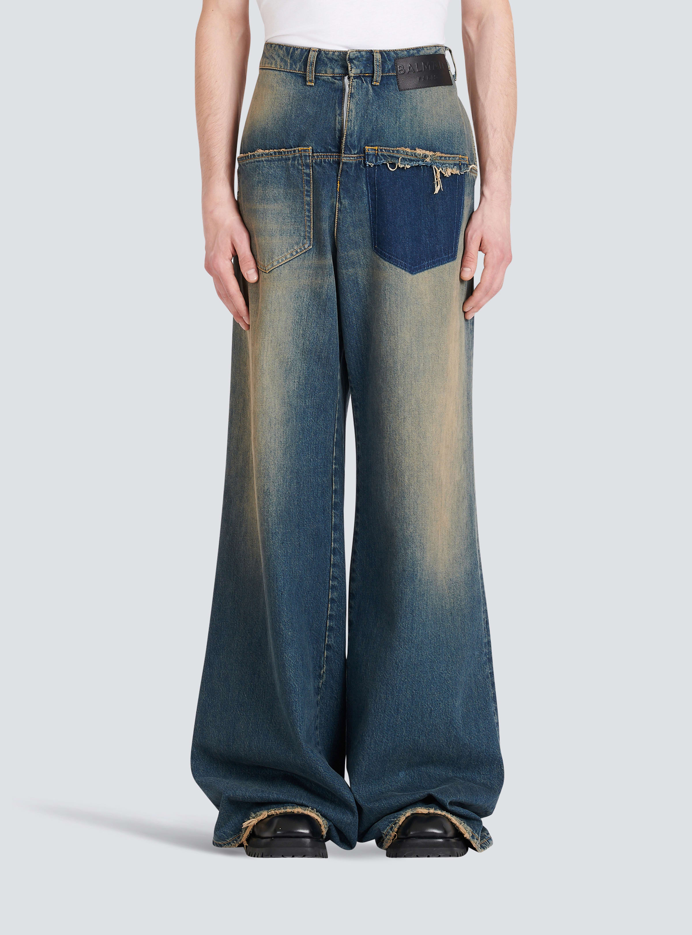 BALMAIN MEN'S LIGHT BLUE WIDE-LEG DENIM TROUSERS