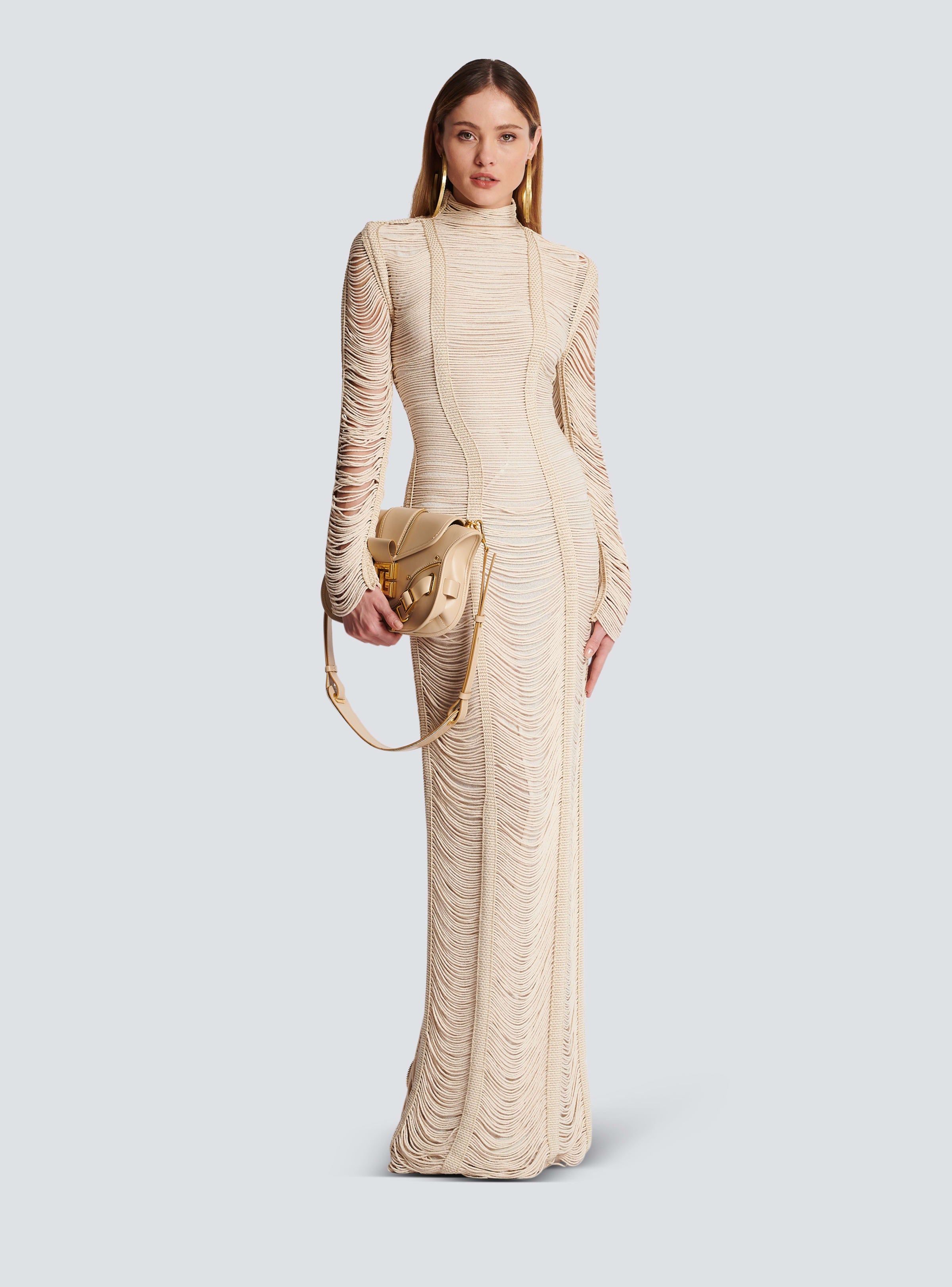 BALMAIN WOMEN'S NATURAL MACRAME KNIT LONG DRESS