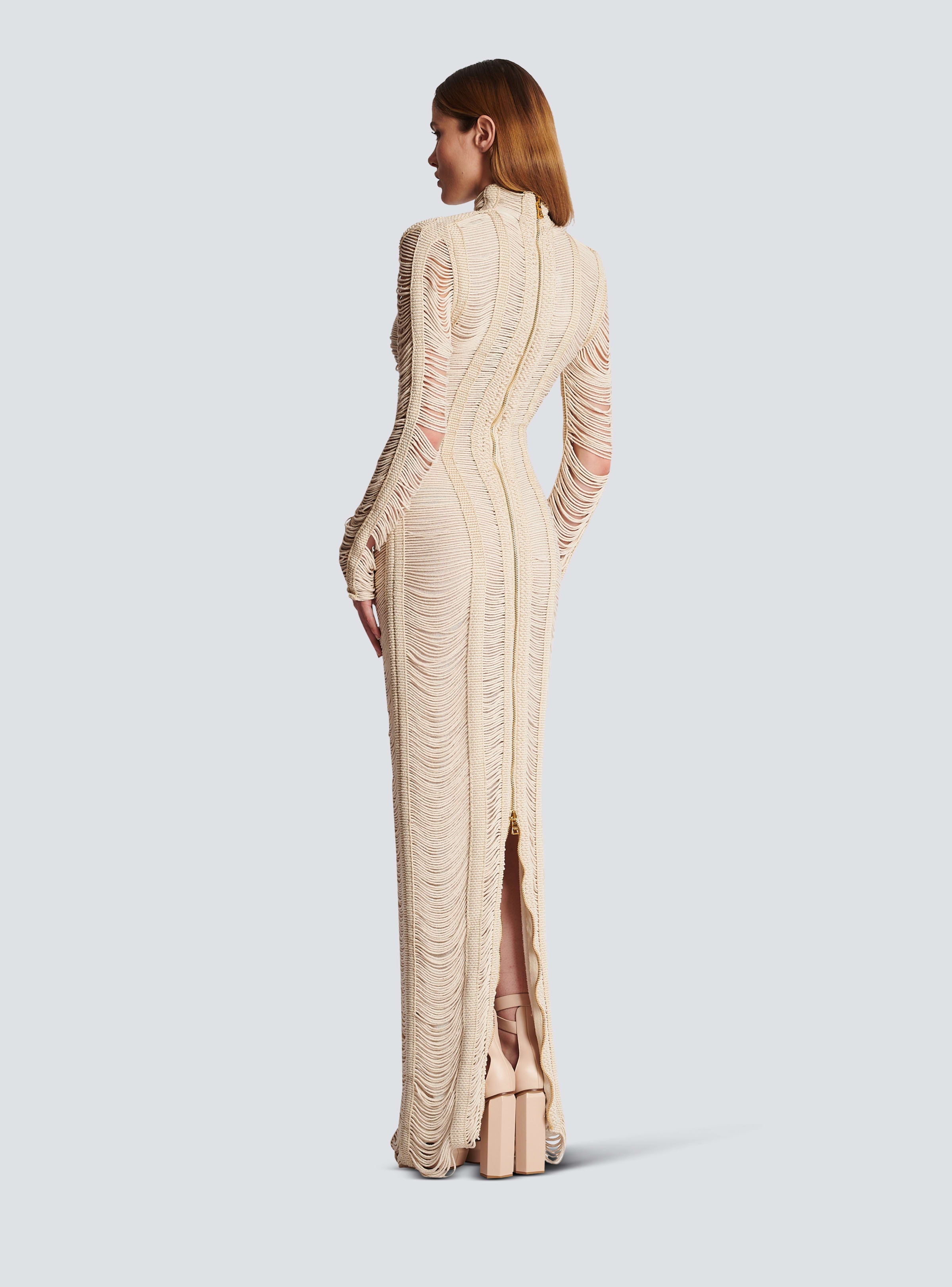 BALMAIN WOMEN'S NATURAL MACRAME KNIT LONG DRESS