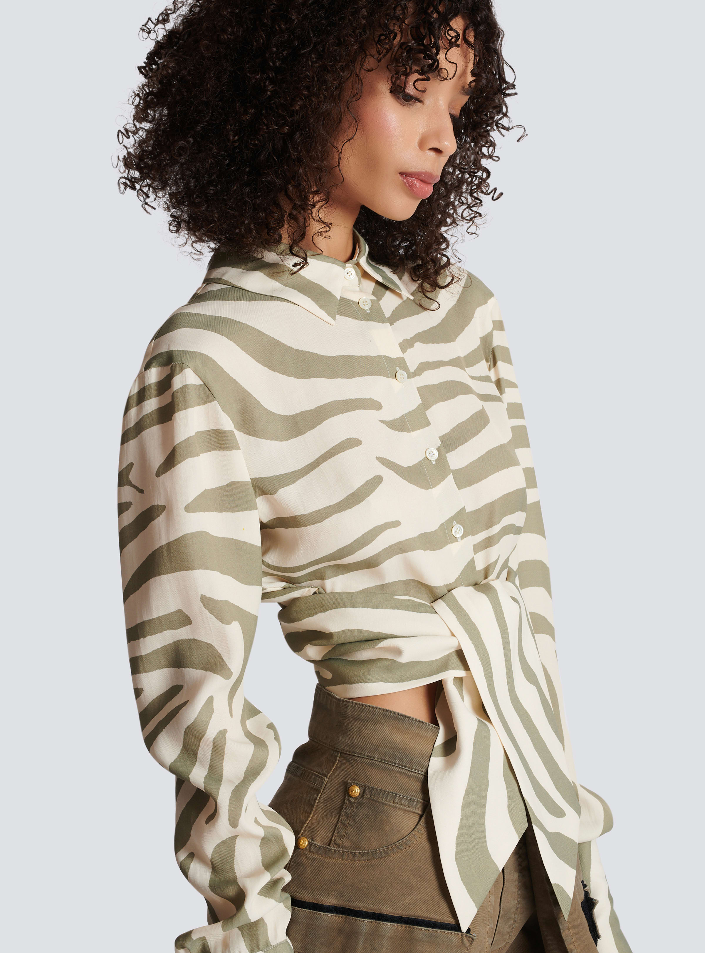 BALMAIN WOMEN'S MAO COLLAR ZEBRA PRINTED SHORT SHIRT NWT