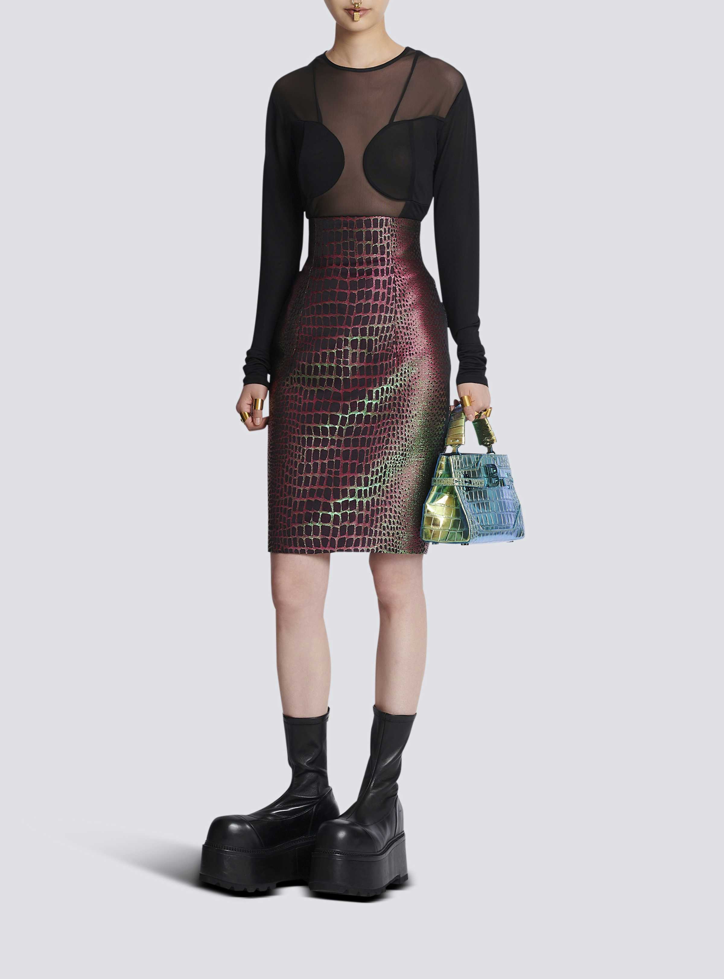 BALMAIN WOMEN'S HW IRIDESCENT CROCO JACQUARD KNEE SKIRT NWT