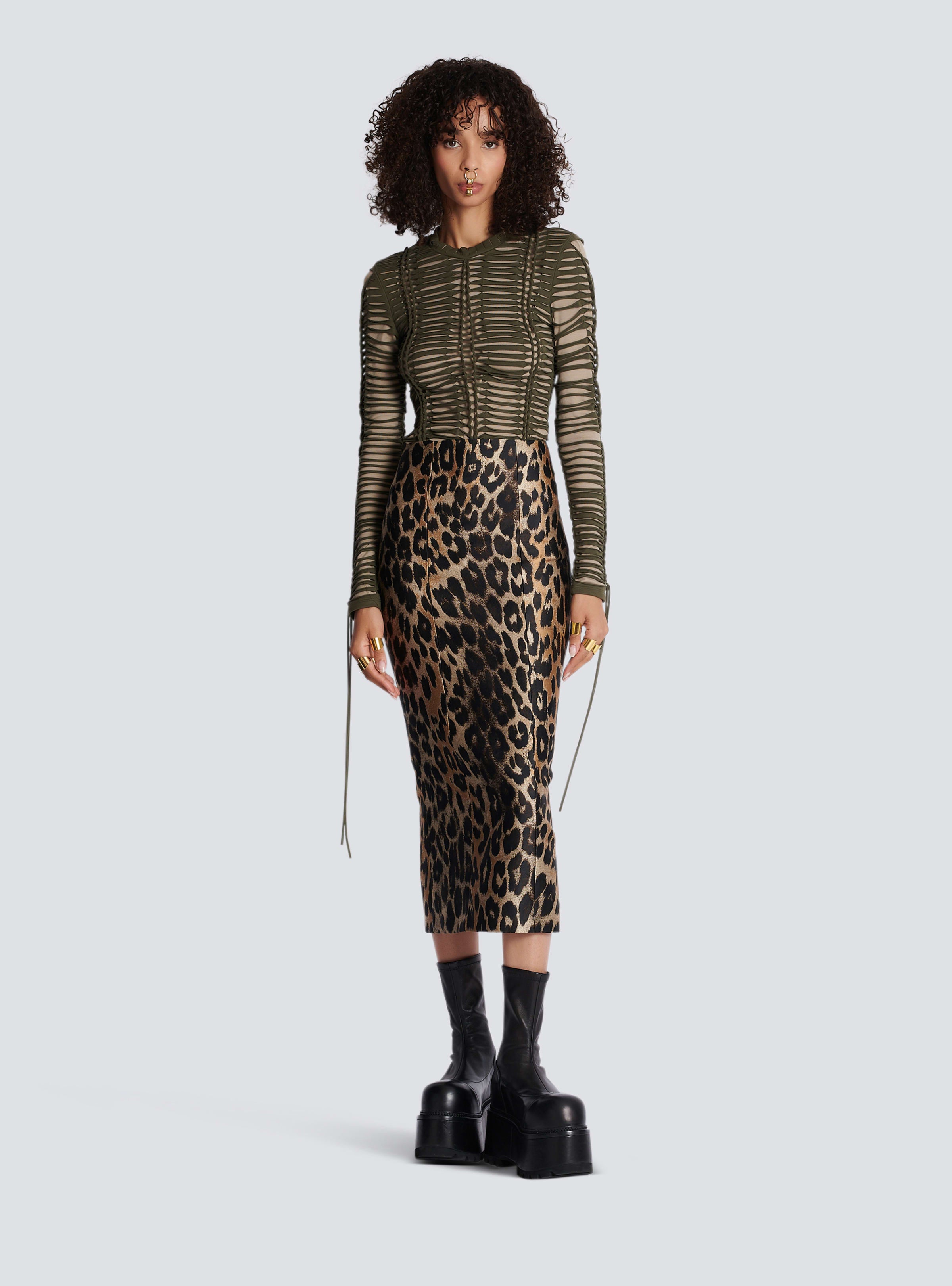 BALMAIN WOMEN'S MULTI-BROWN LEOPARD JACQUARD PENCIL SKIRT