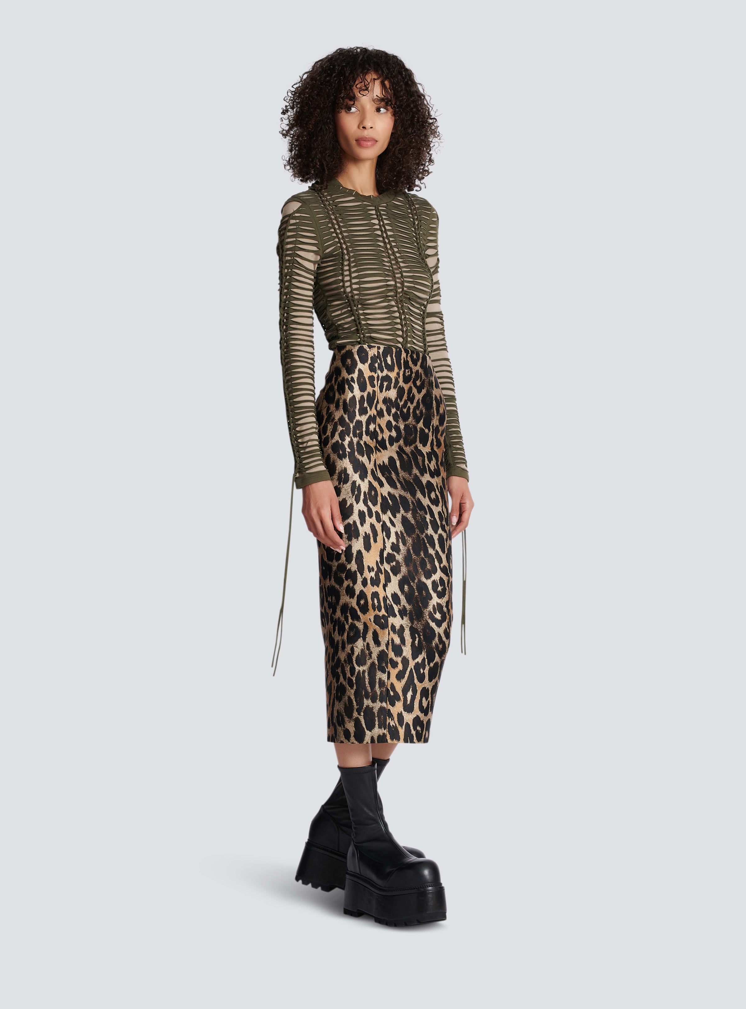 BALMAIN WOMEN'S MULTI-BROWN LEOPARD JACQUARD PENCIL SKIRT