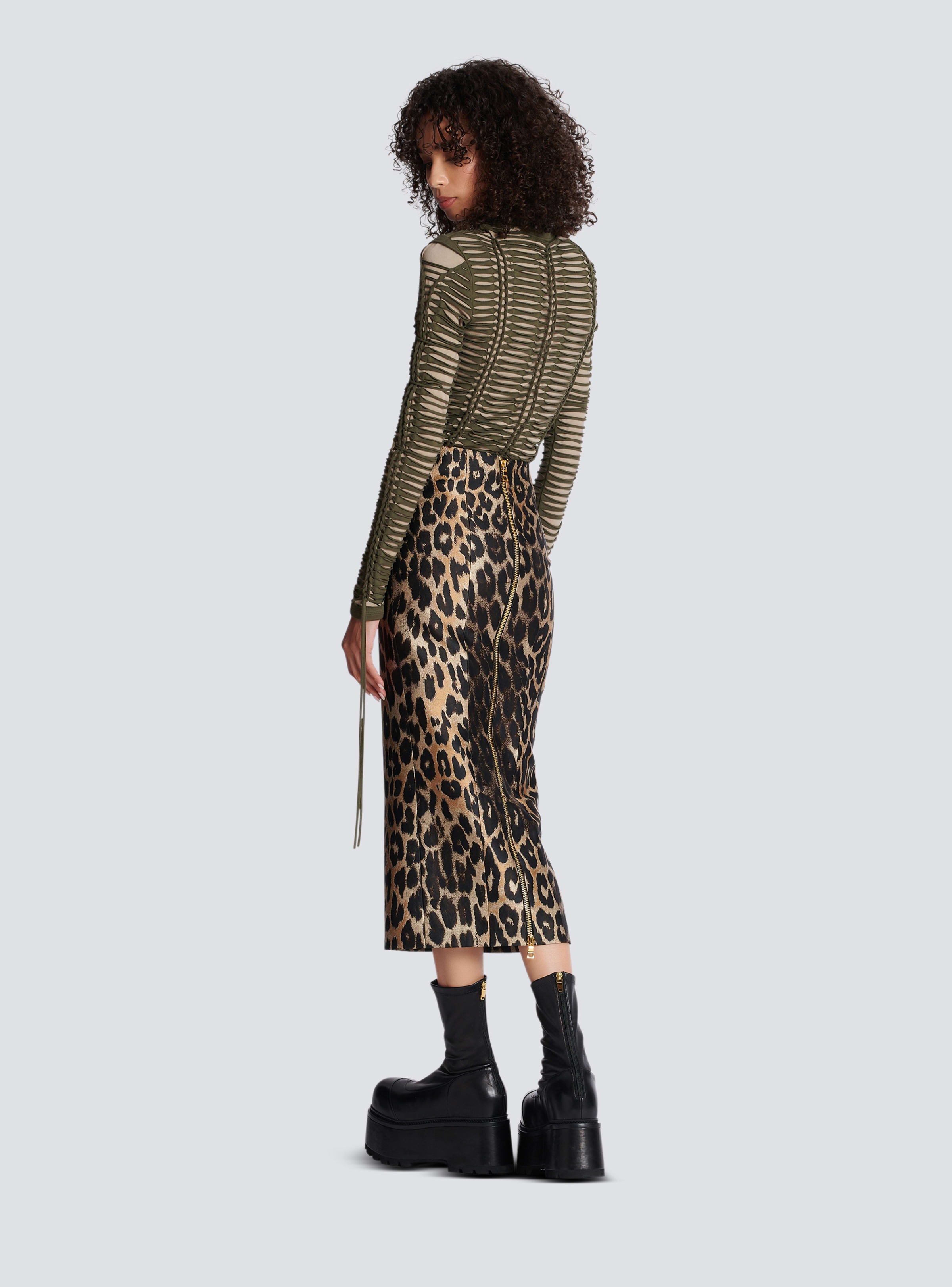 BALMAIN WOMEN'S MULTI-BROWN LEOPARD JACQUARD PENCIL SKIRT