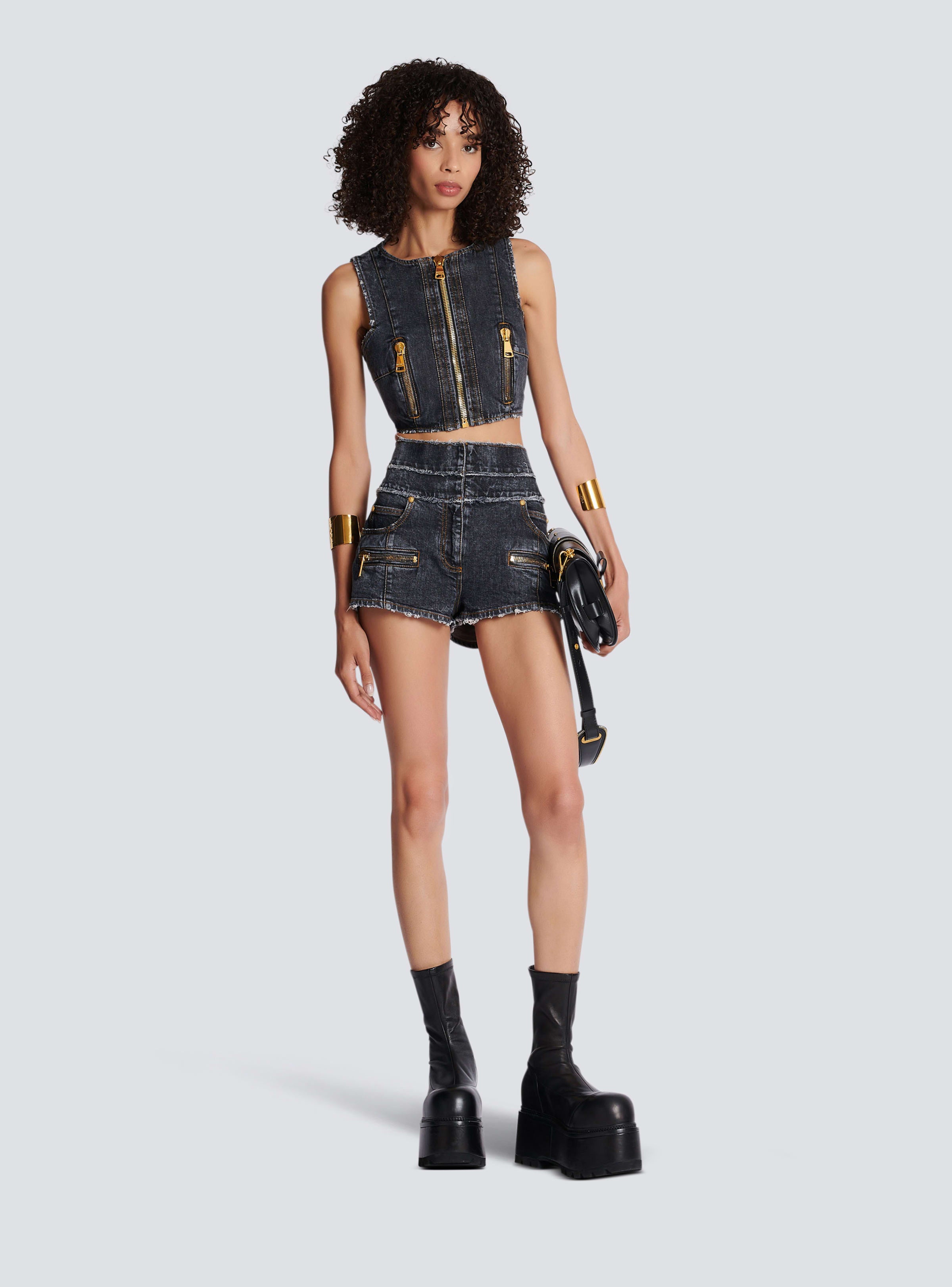 BALMAIN WOMEN'S HW ZIPPED USED DENIM SHORTS NWT