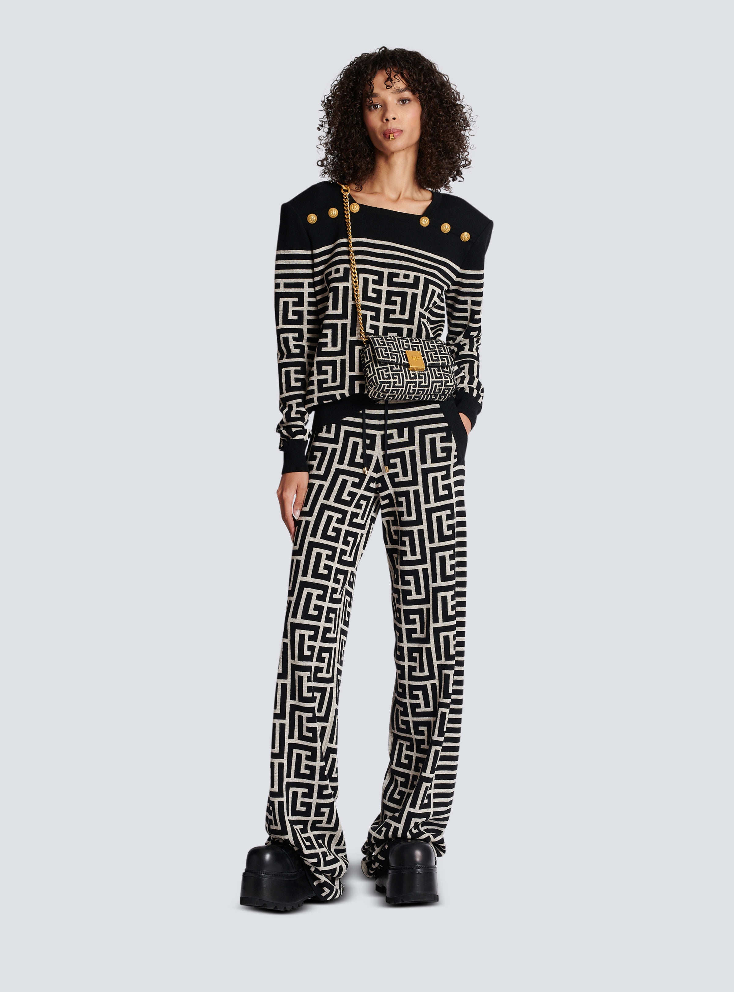 BALMAIN WOMEN'S STRIPED MONOGRAM WOOL LINEN KNIT PANTS NWT