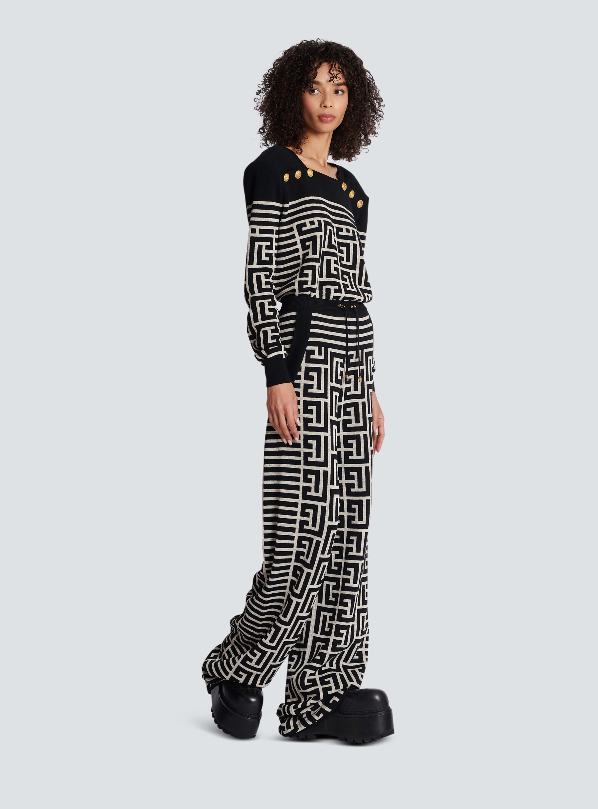 BALMAIN WOMEN'S STRIPED MONOGRAM WOOL LINEN KNIT PANTS NWT