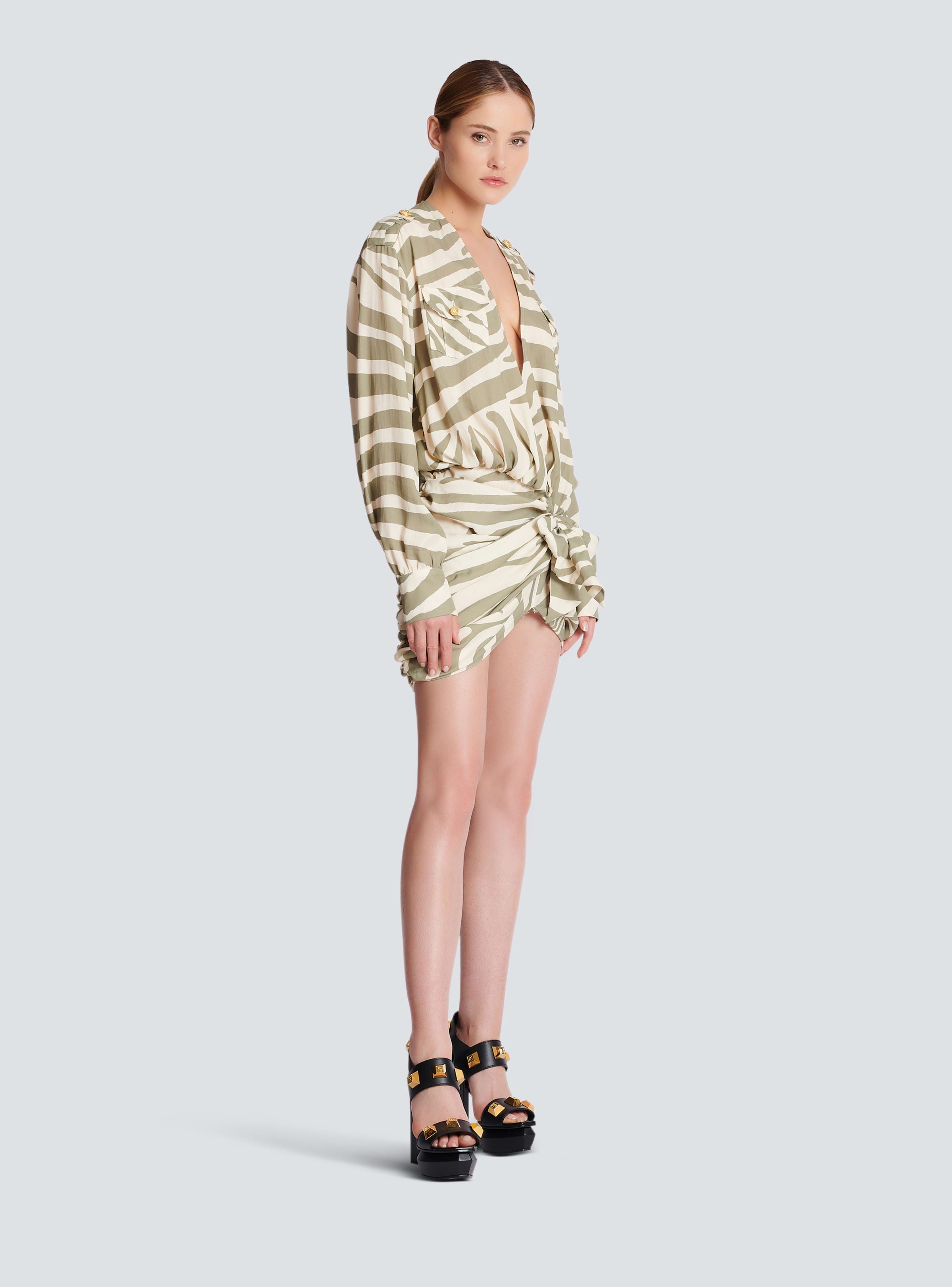 BALMAIN WOMEN'S LS ZEBRA PRINTED DRAPED SHORT DRESS NWT