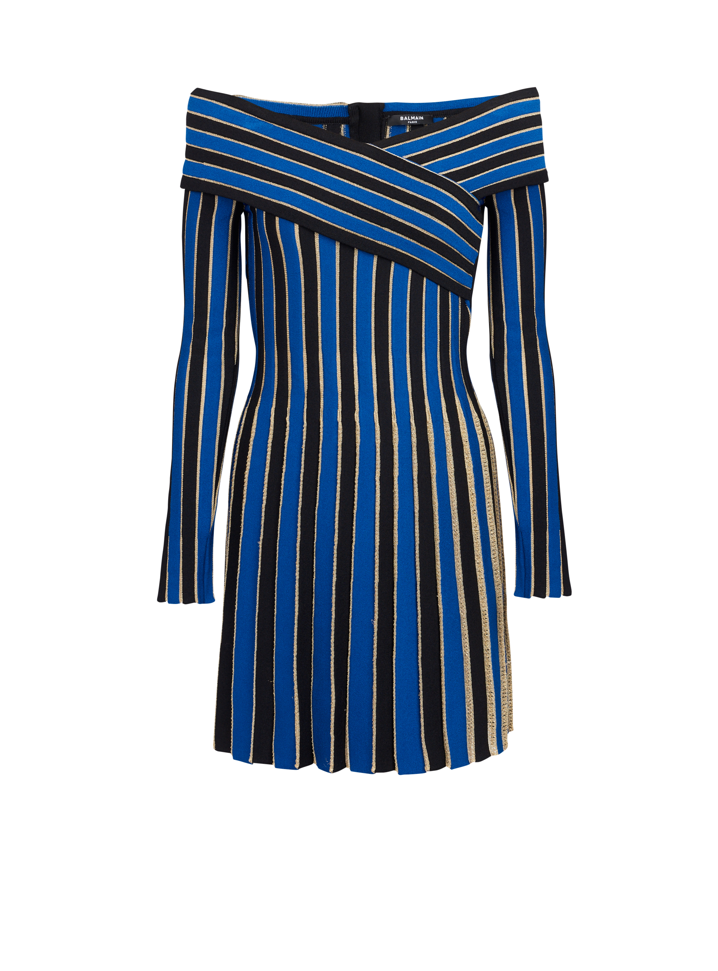 BALMAIN WOMEN'S ELECTRIC BLUE LUREX OFF-SHOULDER PLEATED DRESS