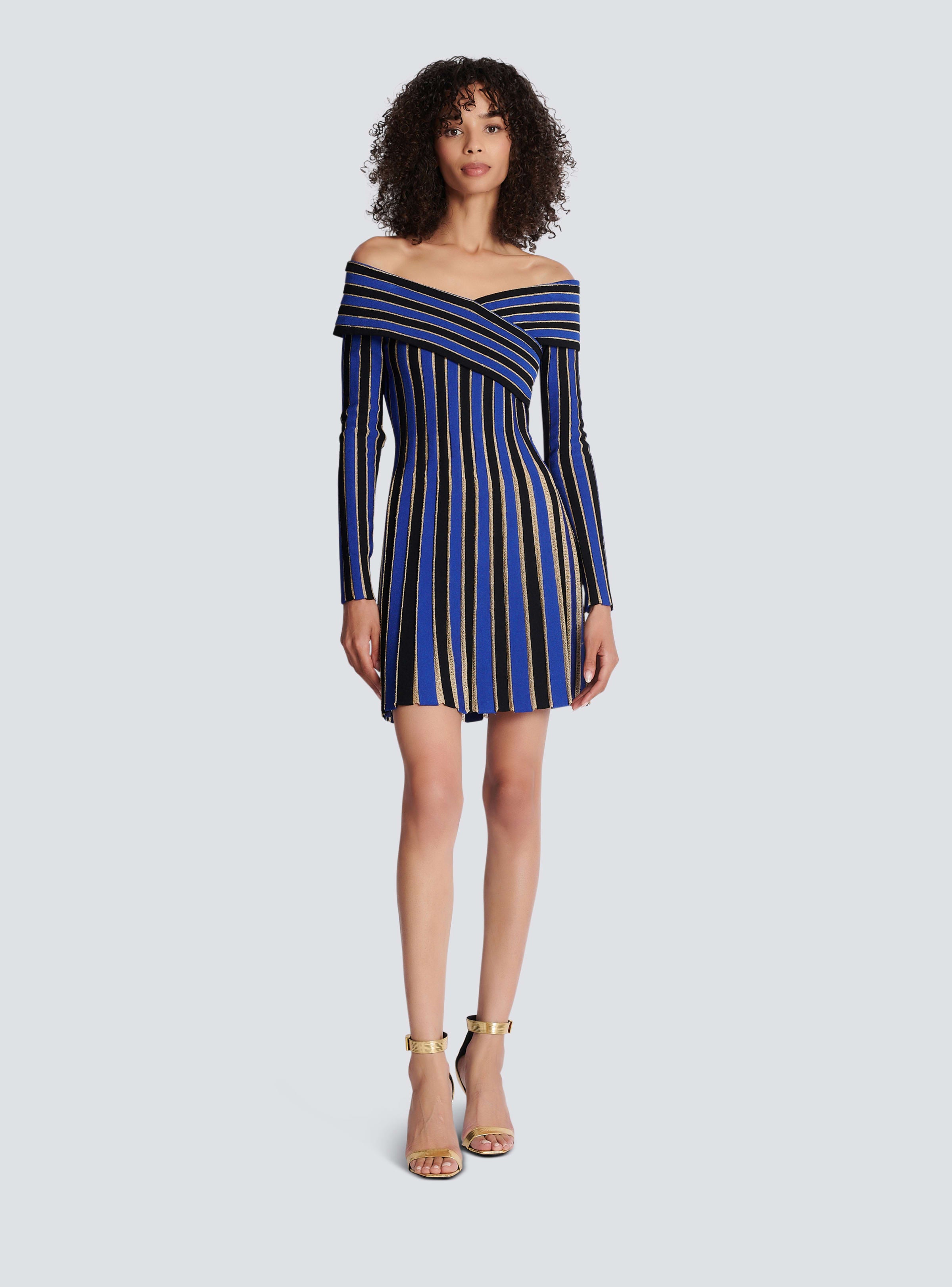 BALMAIN WOMEN'S ELECTRIC BLUE LUREX OFF-SHOULDER PLEATED DRESS
