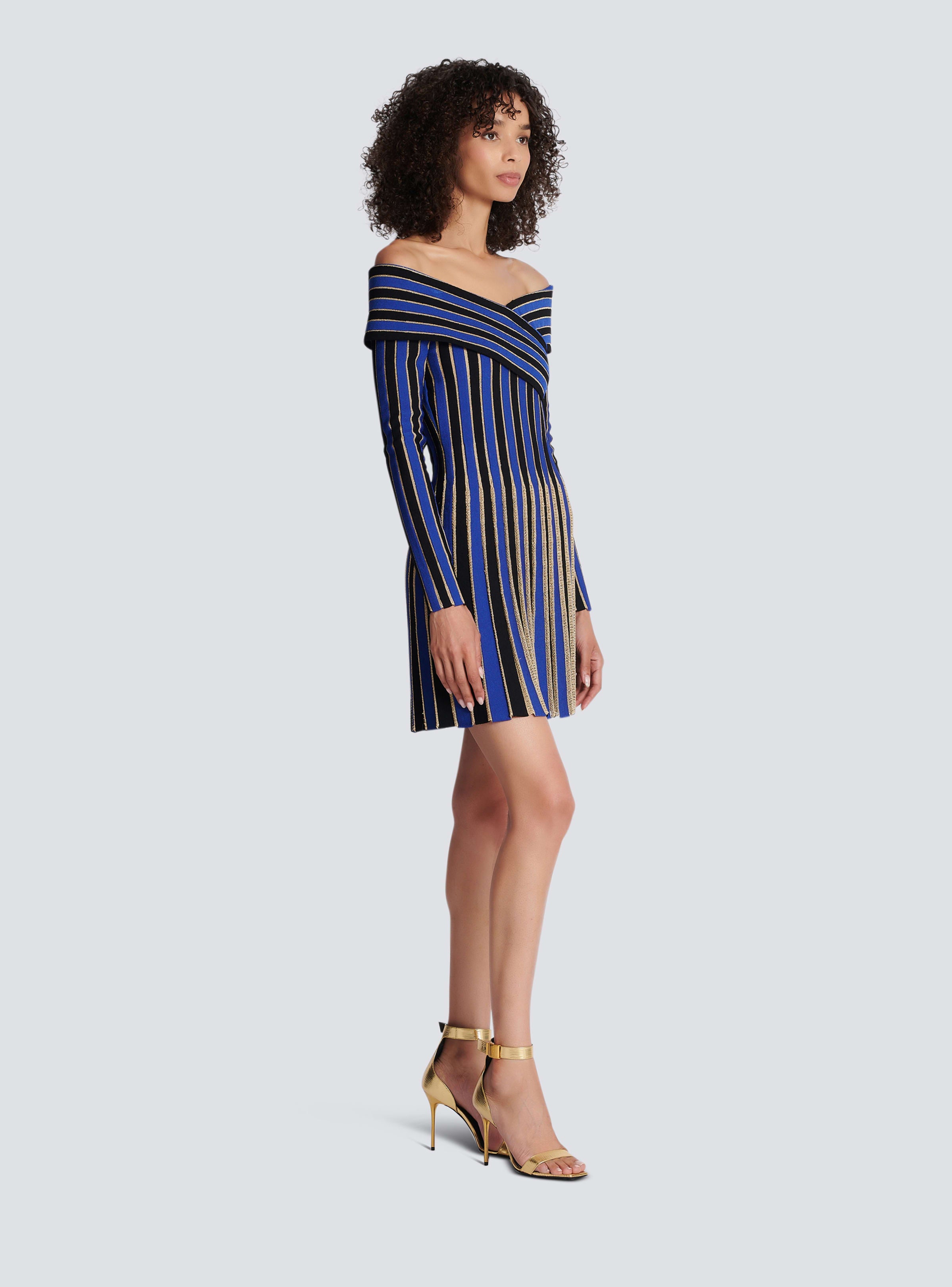 BALMAIN WOMEN'S ELECTRIC BLUE LUREX OFF-SHOULDER PLEATED DRESS