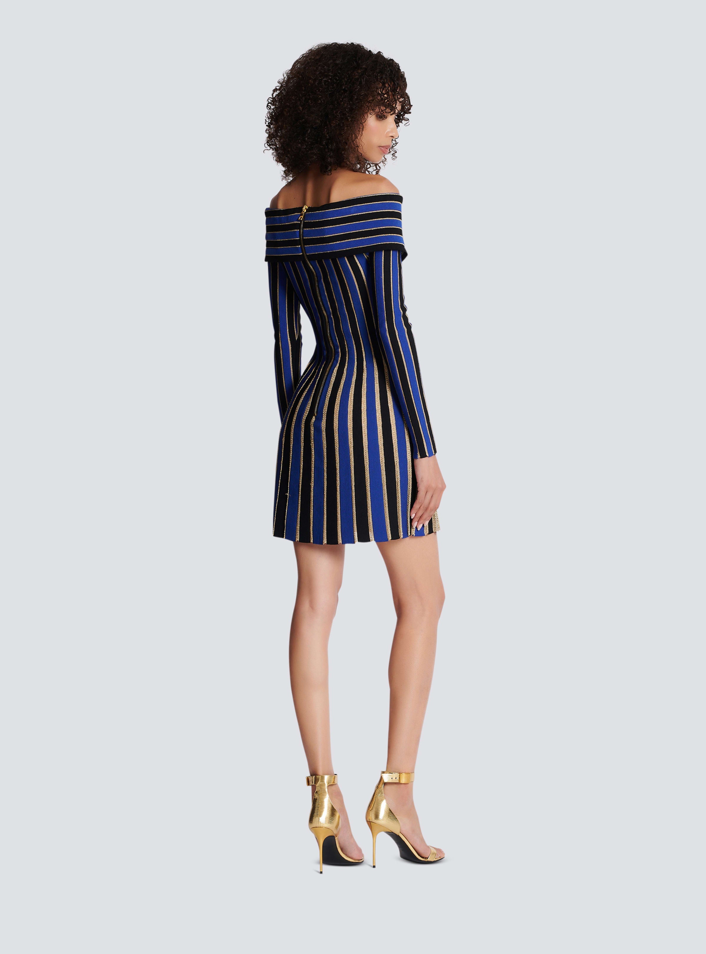 BALMAIN WOMEN'S ELECTRIC BLUE LUREX OFF-SHOULDER PLEATED DRESS