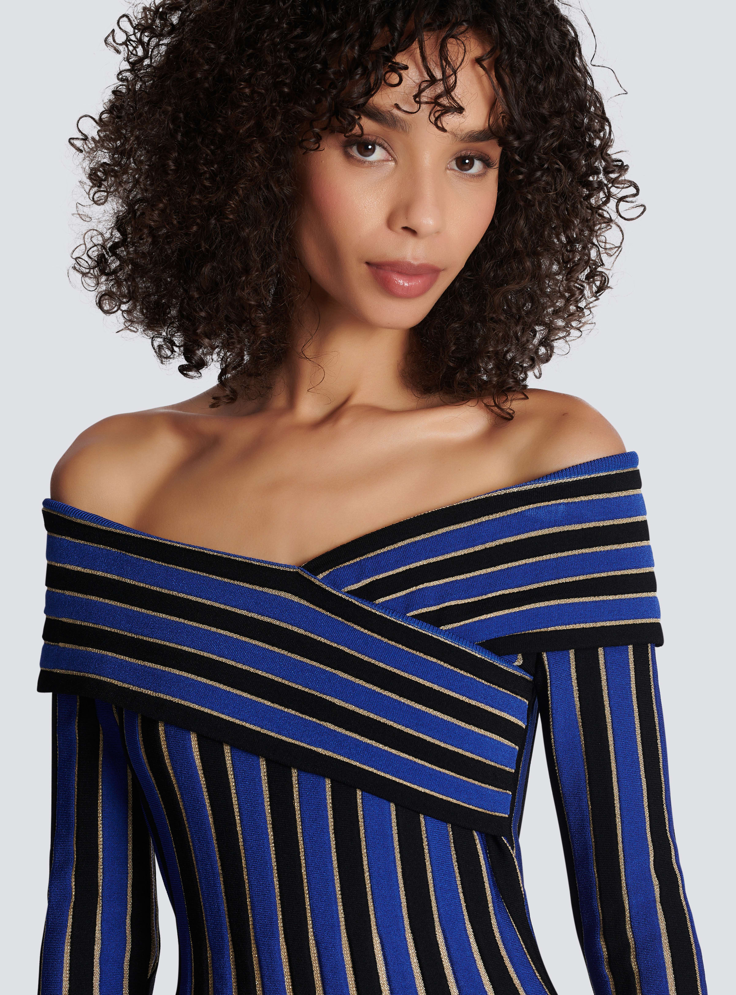 BALMAIN WOMEN'S ELECTRIC BLUE LUREX OFF-SHOULDER PLEATED DRESS