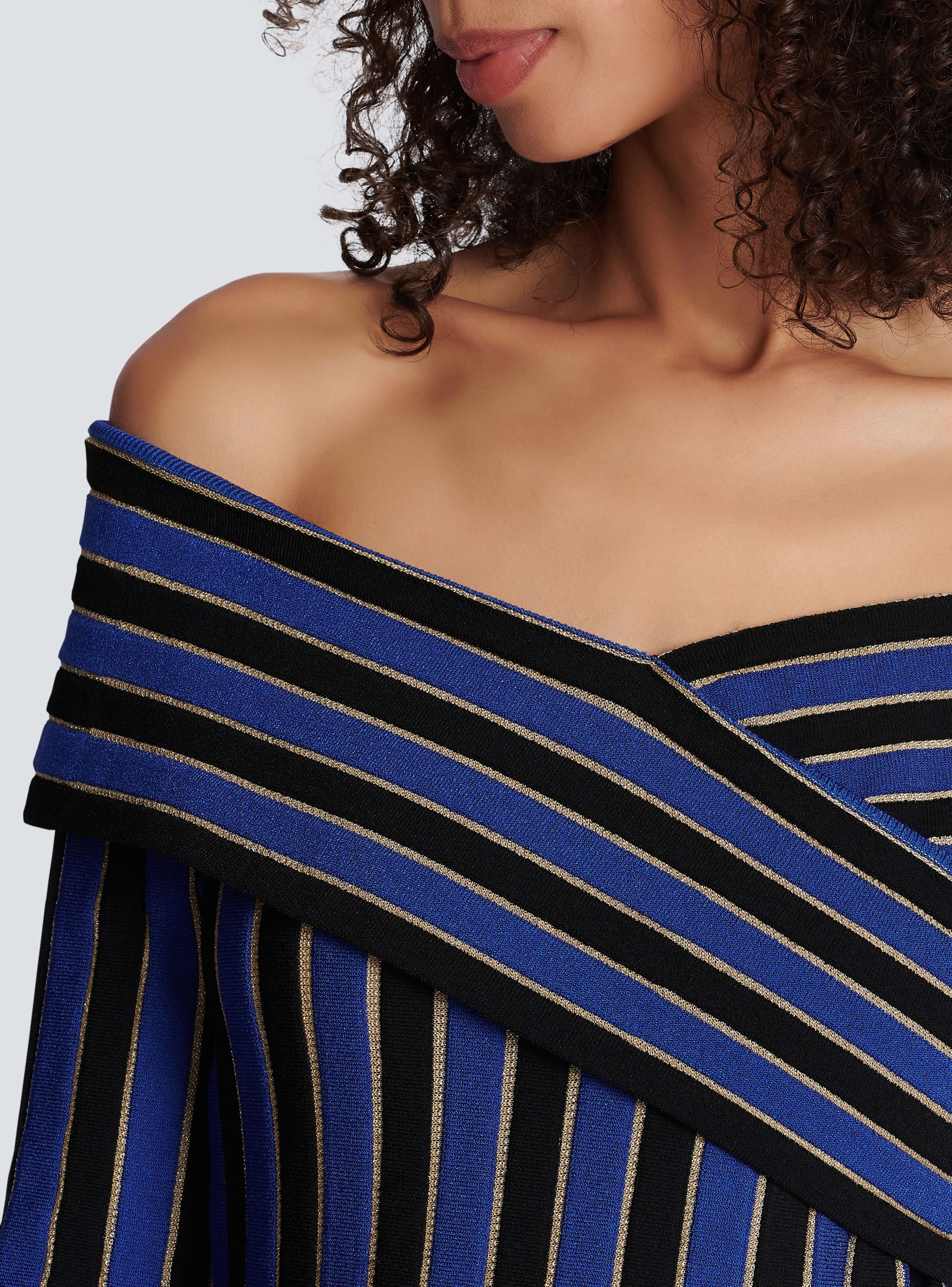 BALMAIN WOMEN'S ELECTRIC BLUE LUREX OFF-SHOULDER PLEATED DRESS