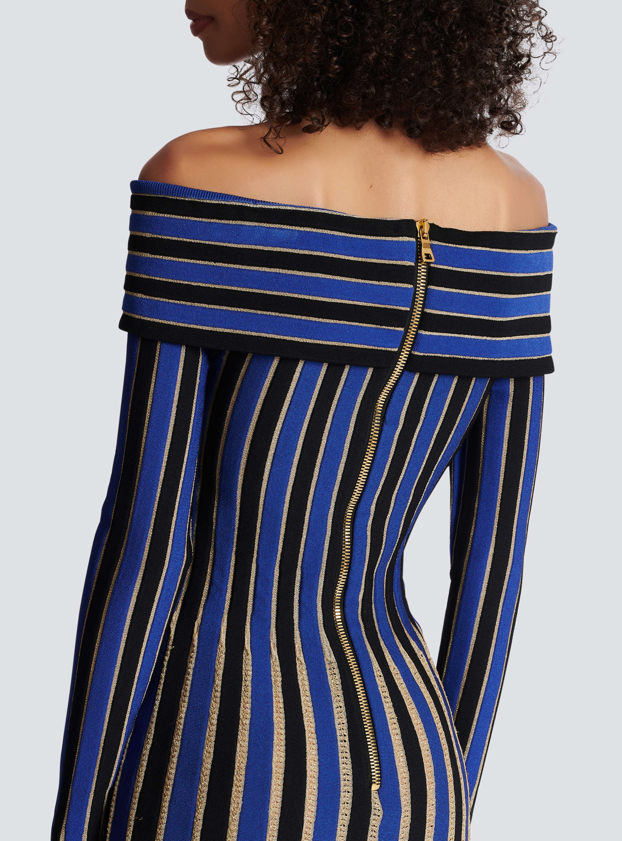 BALMAIN WOMEN'S ELECTRIC BLUE LUREX OFF-SHOULDER PLEATED DRESS