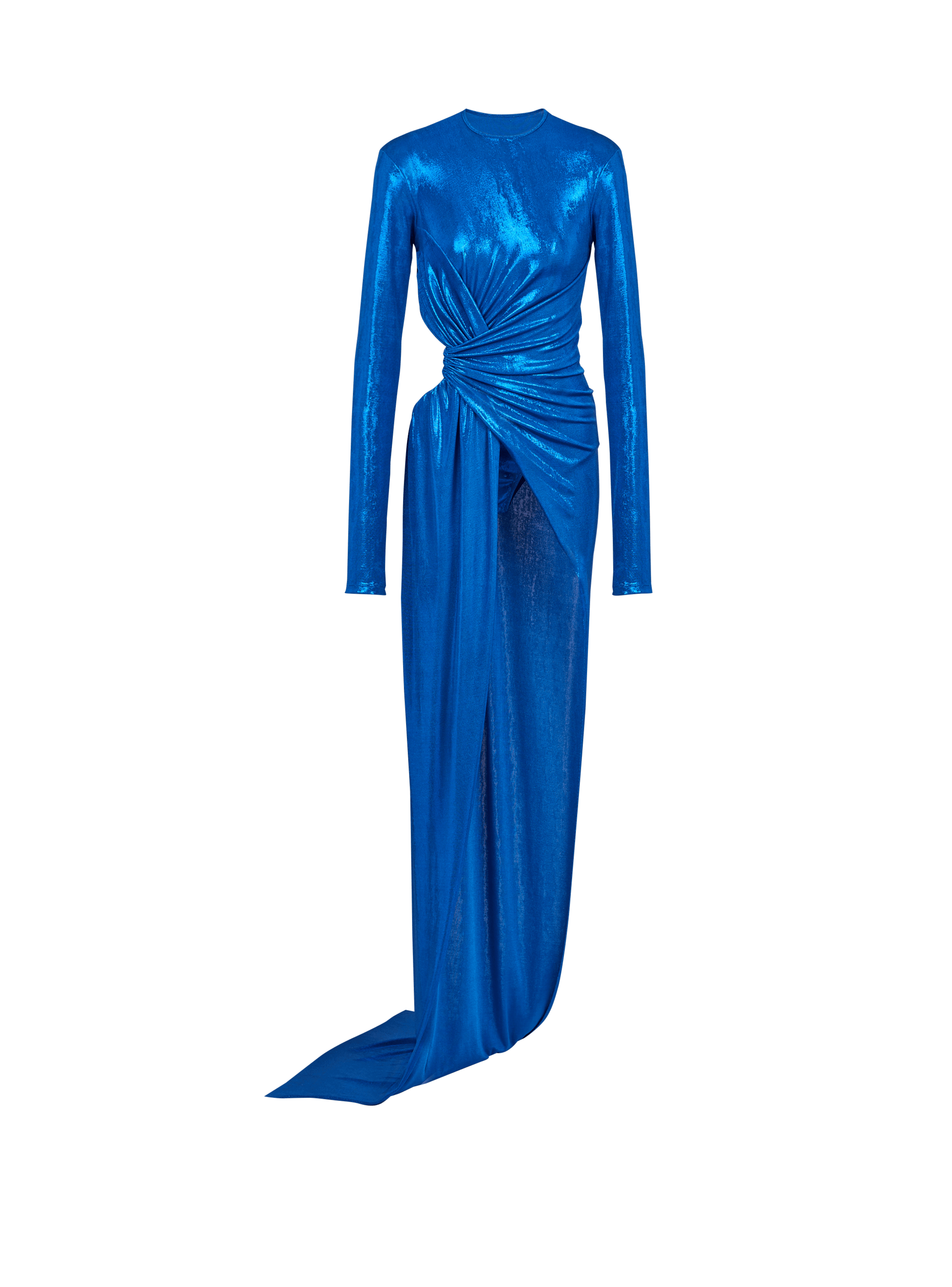 BALMAIN WOMEN'S ELECTRIC BLUE DRAPED LONG DRESS