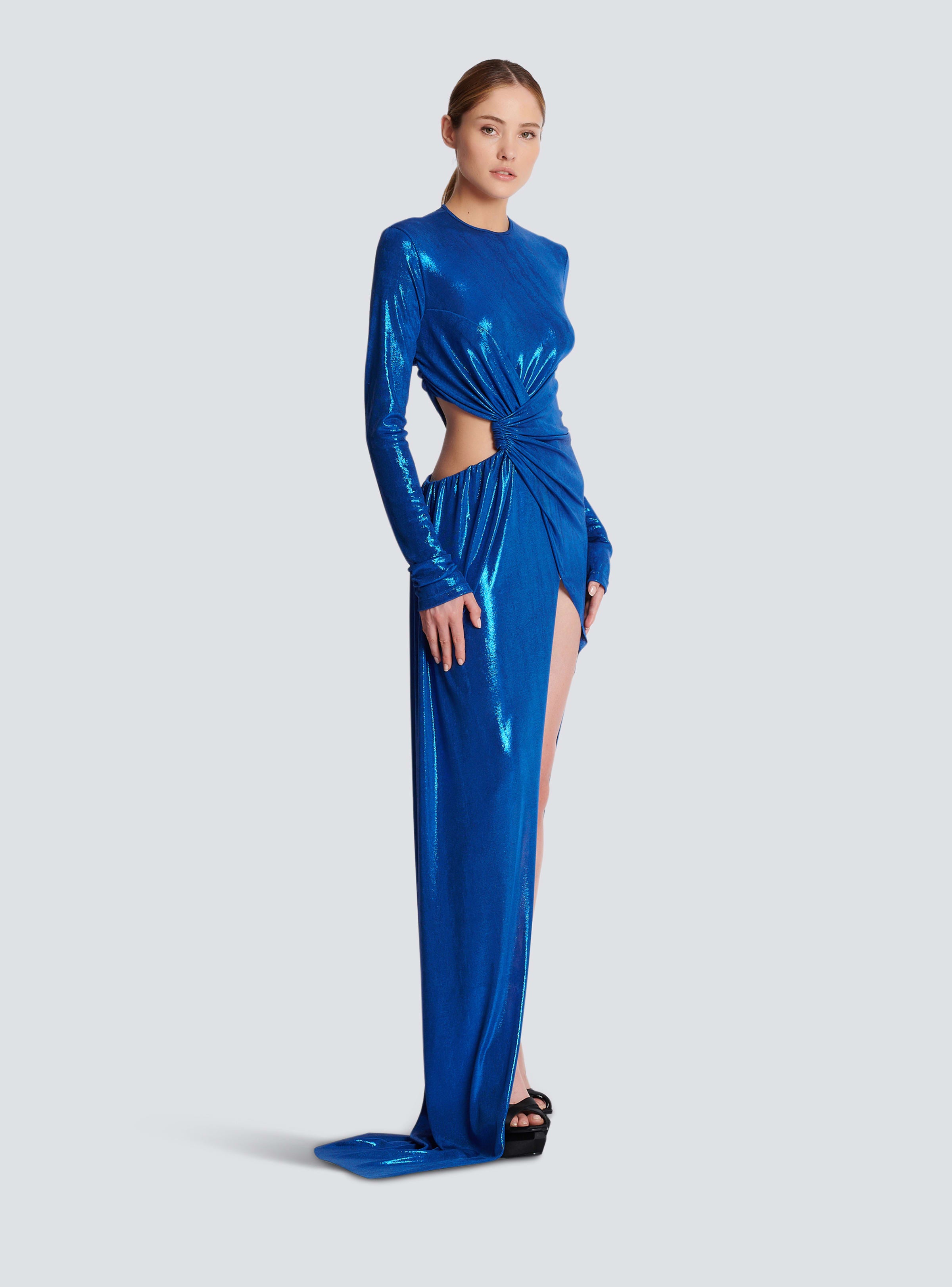 BALMAIN WOMEN'S ELECTRIC BLUE DRAPED LONG DRESS