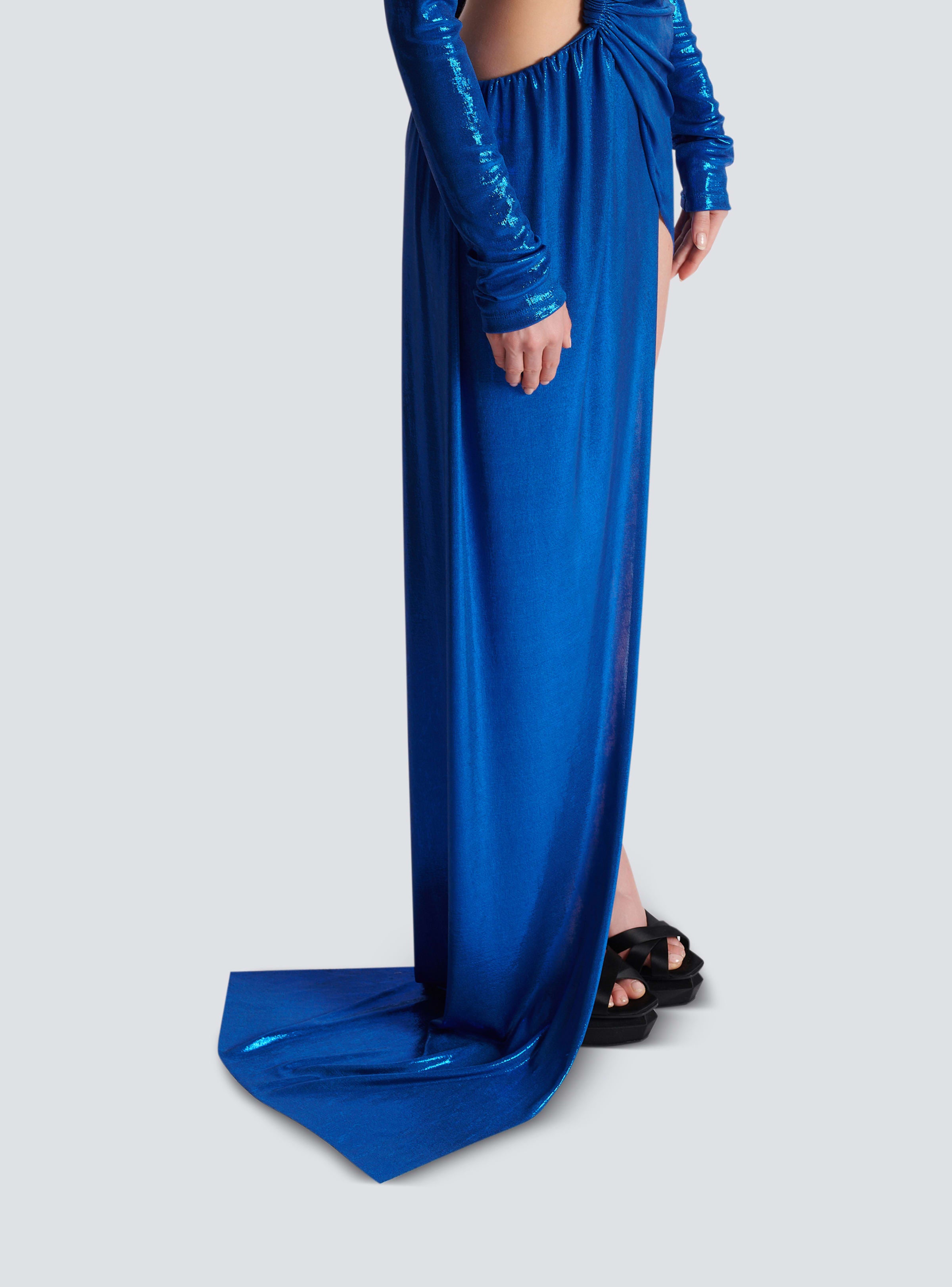 BALMAIN WOMEN'S LS DRAPED LAMINATED JERSEY LONG DRESS NWT