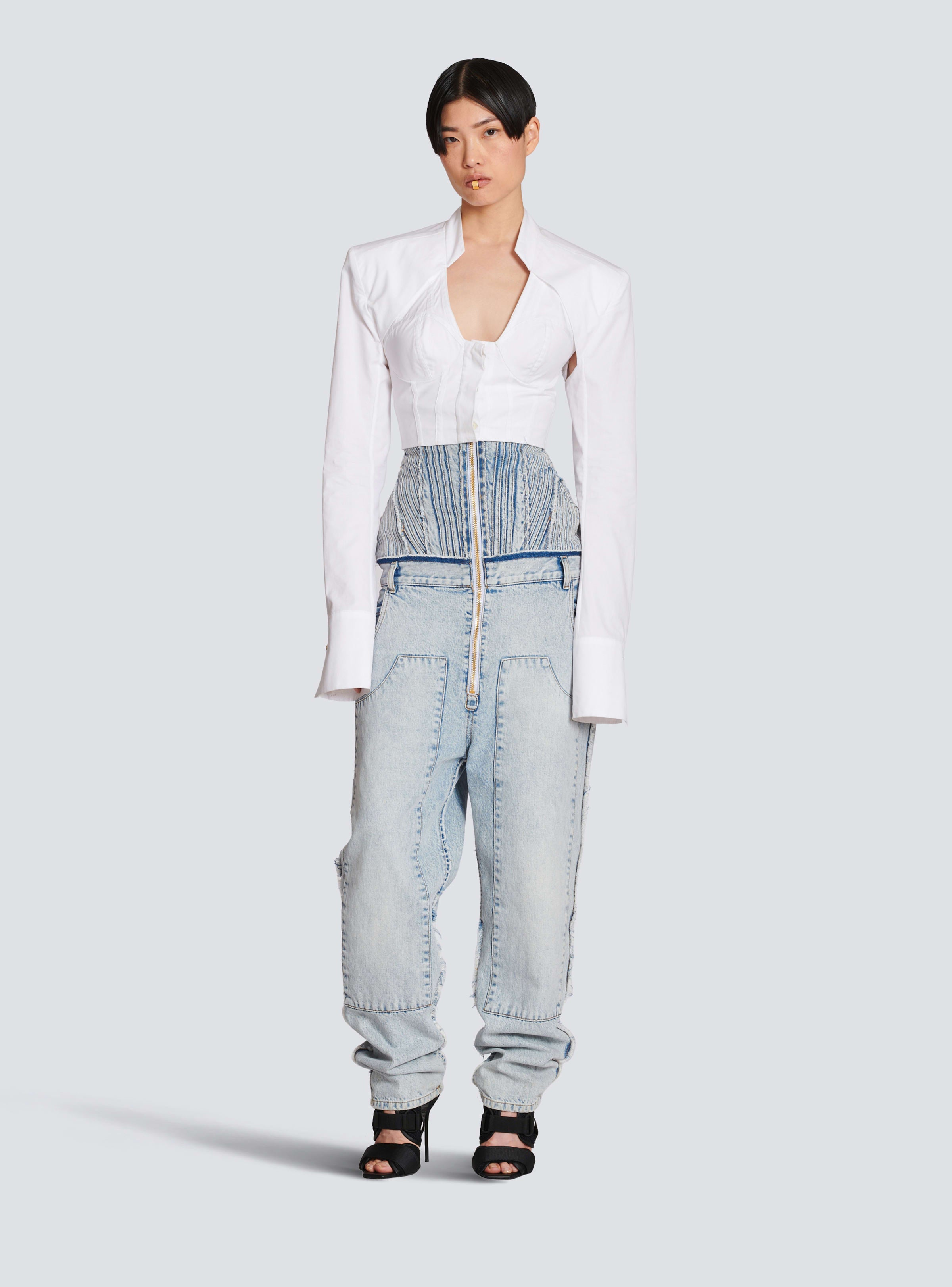 BALMAIN WOMEN'S LINGERIE CUT POPELINE CROPPED SHIRT NWT