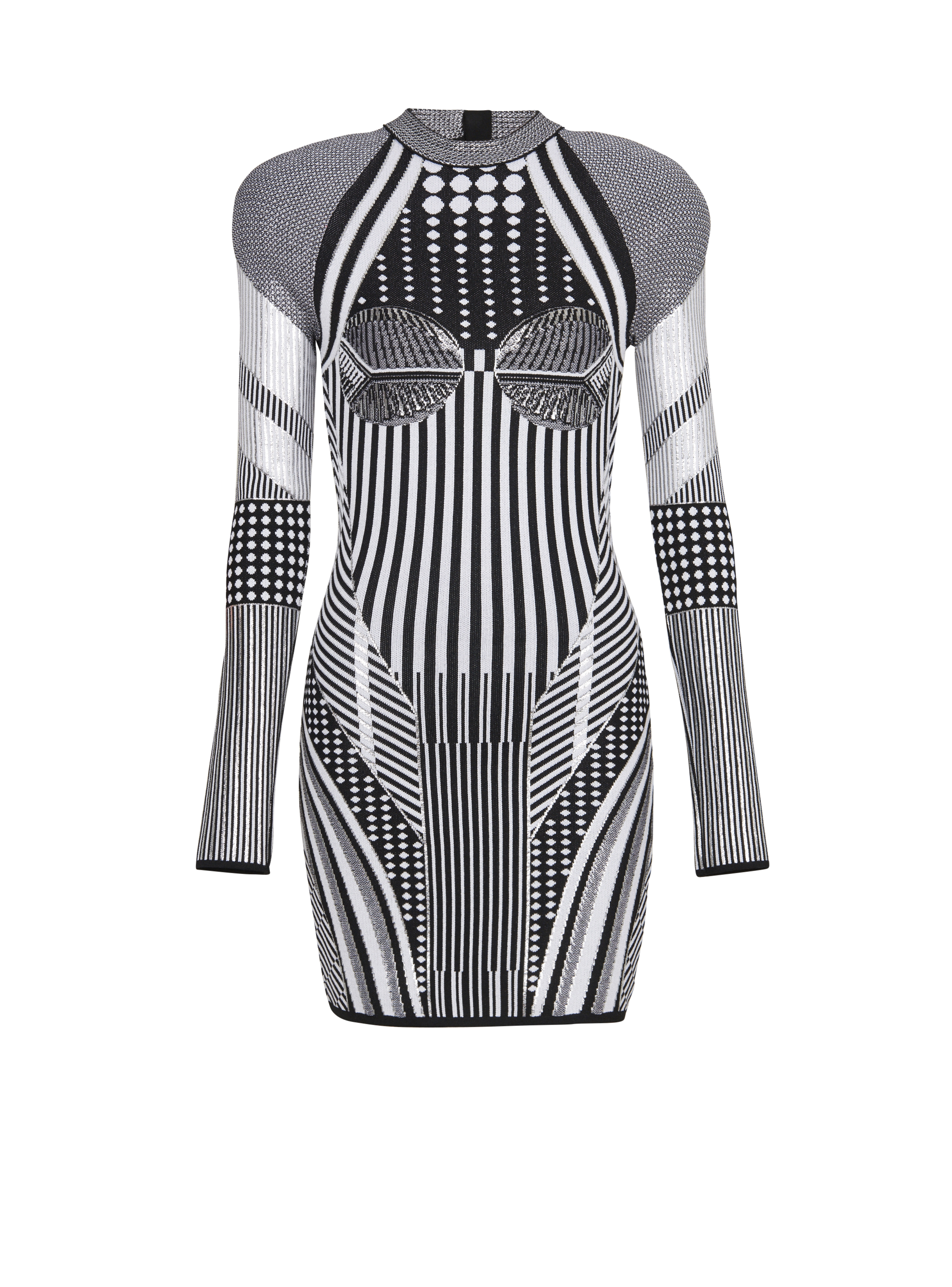 BALMAIN WOMEN'S LS BIKER SILVER KNIT SHORT DRESS NWT