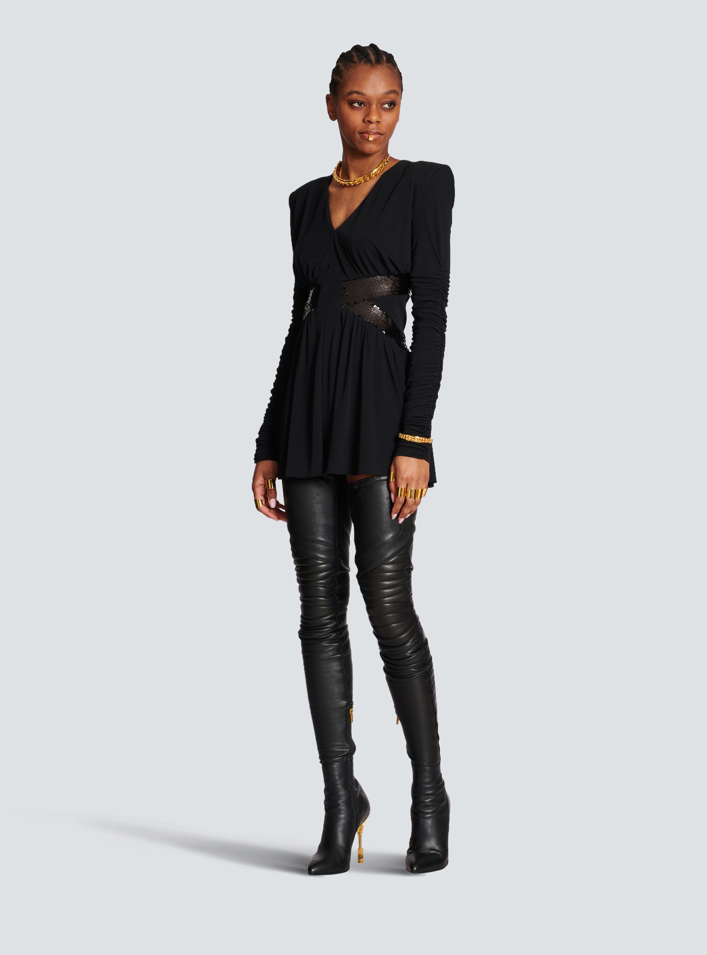 BALMAIN WOMEN'S LS V SEQUIN WAISTED JERSEY SHORT DRESS NWT