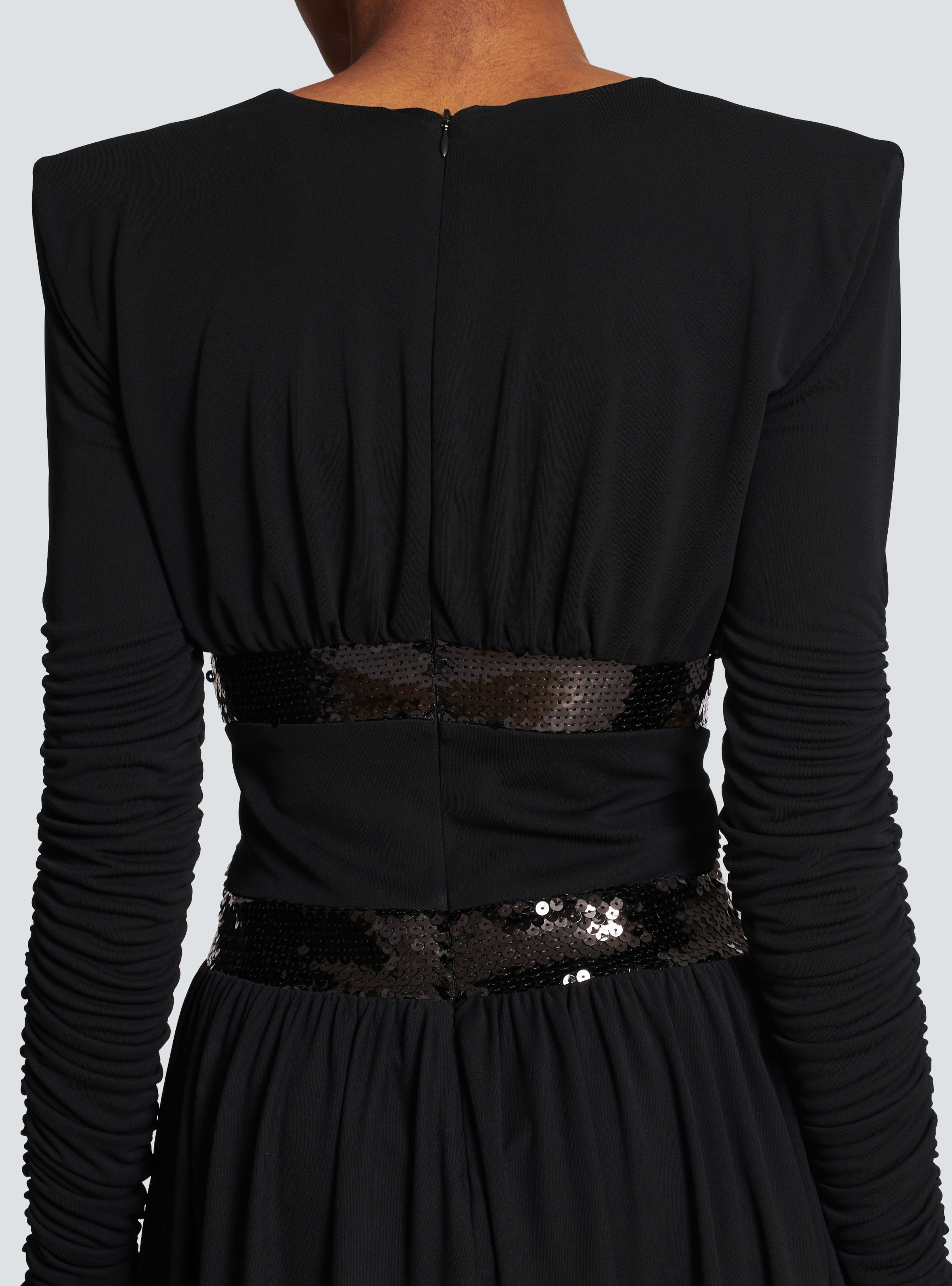 BALMAIN WOMEN'S LS V SEQUIN WAISTED JERSEY SHORT DRESS NWT