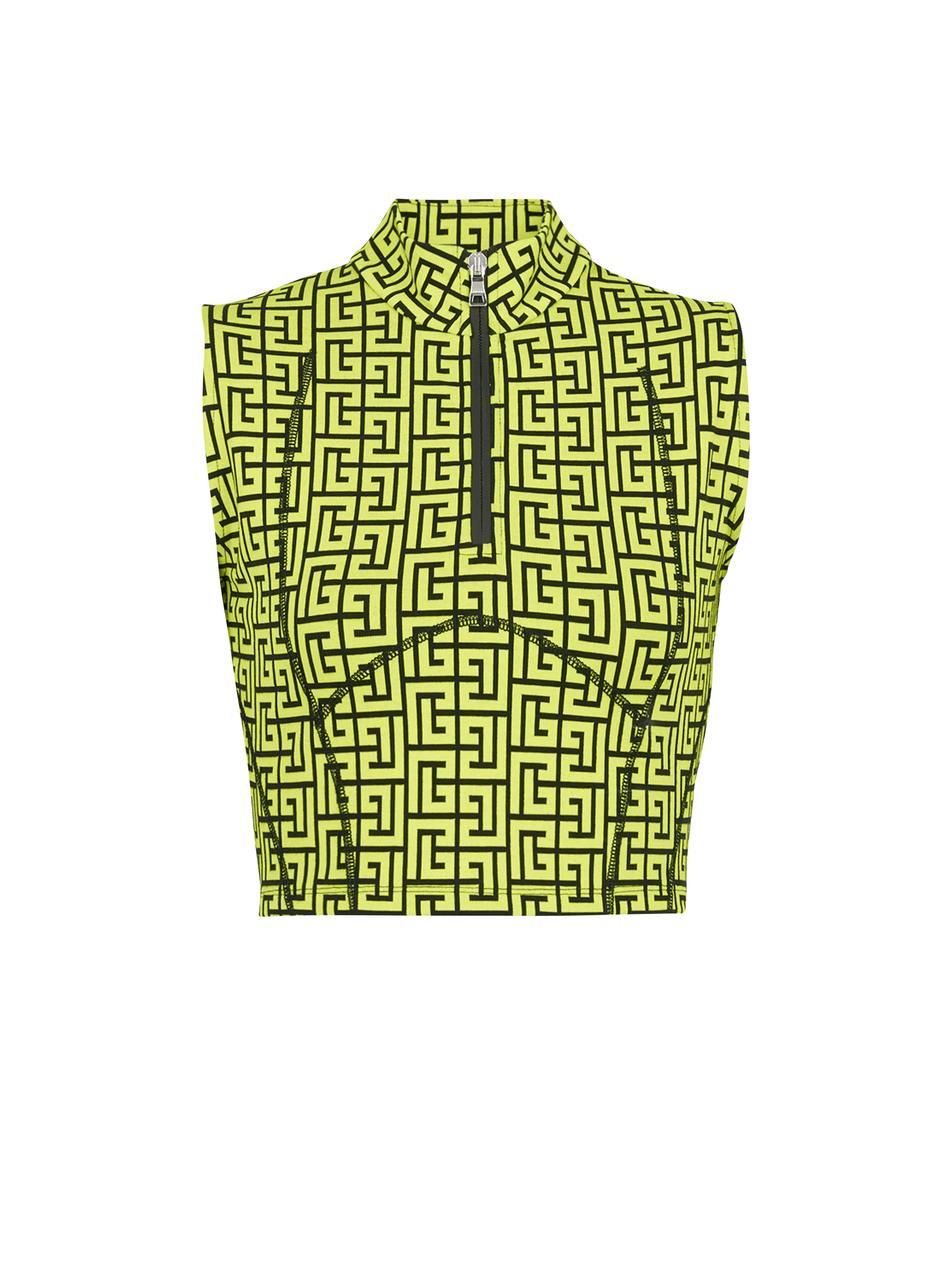 BALMAIN WOMEN'S BLACK NEON YELLOW MONOGRAM CROP TOP
