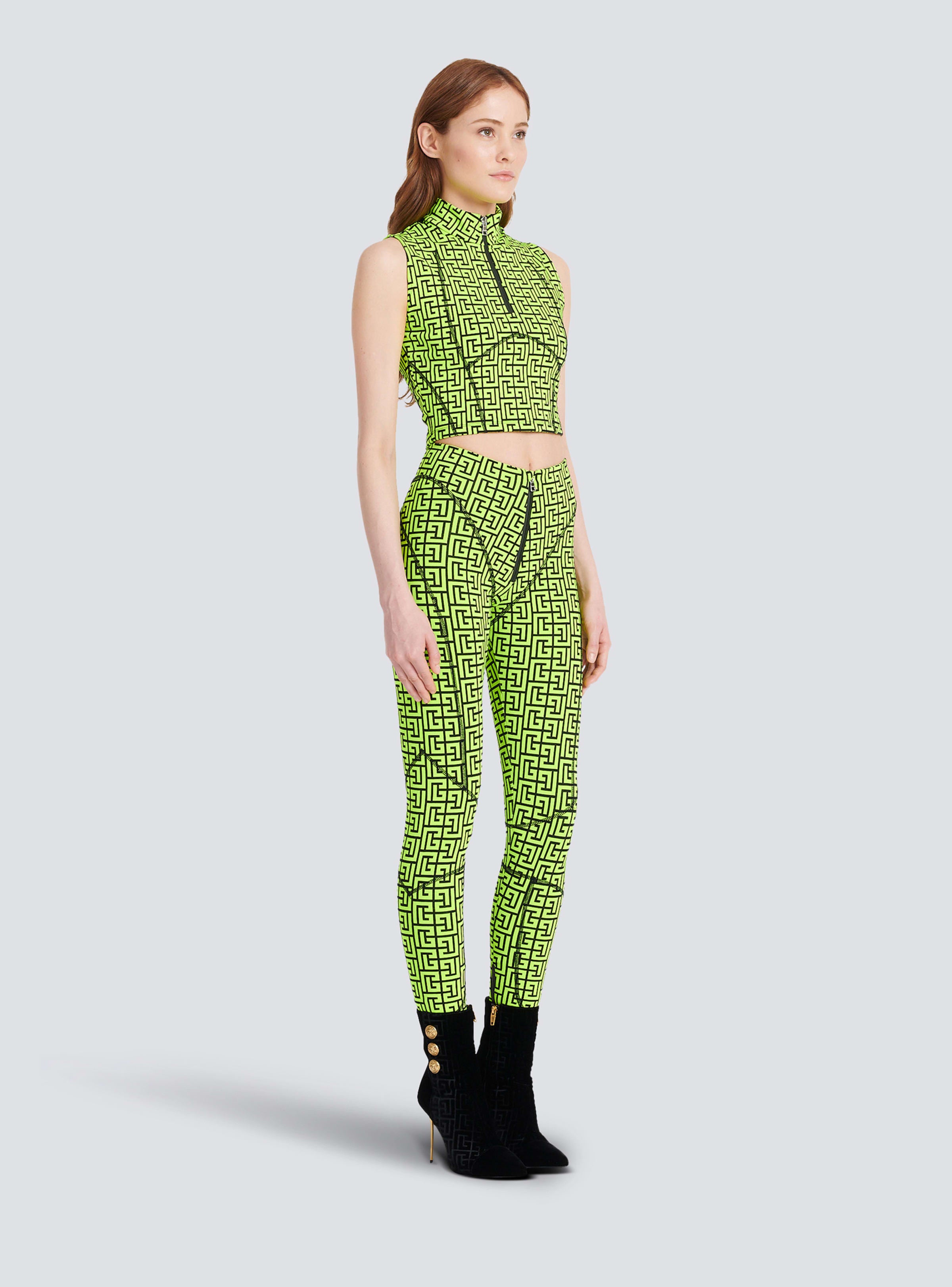 BALMAIN WOMEN'S BLACK NEON YELLOW MONOGRAM CROP TOP