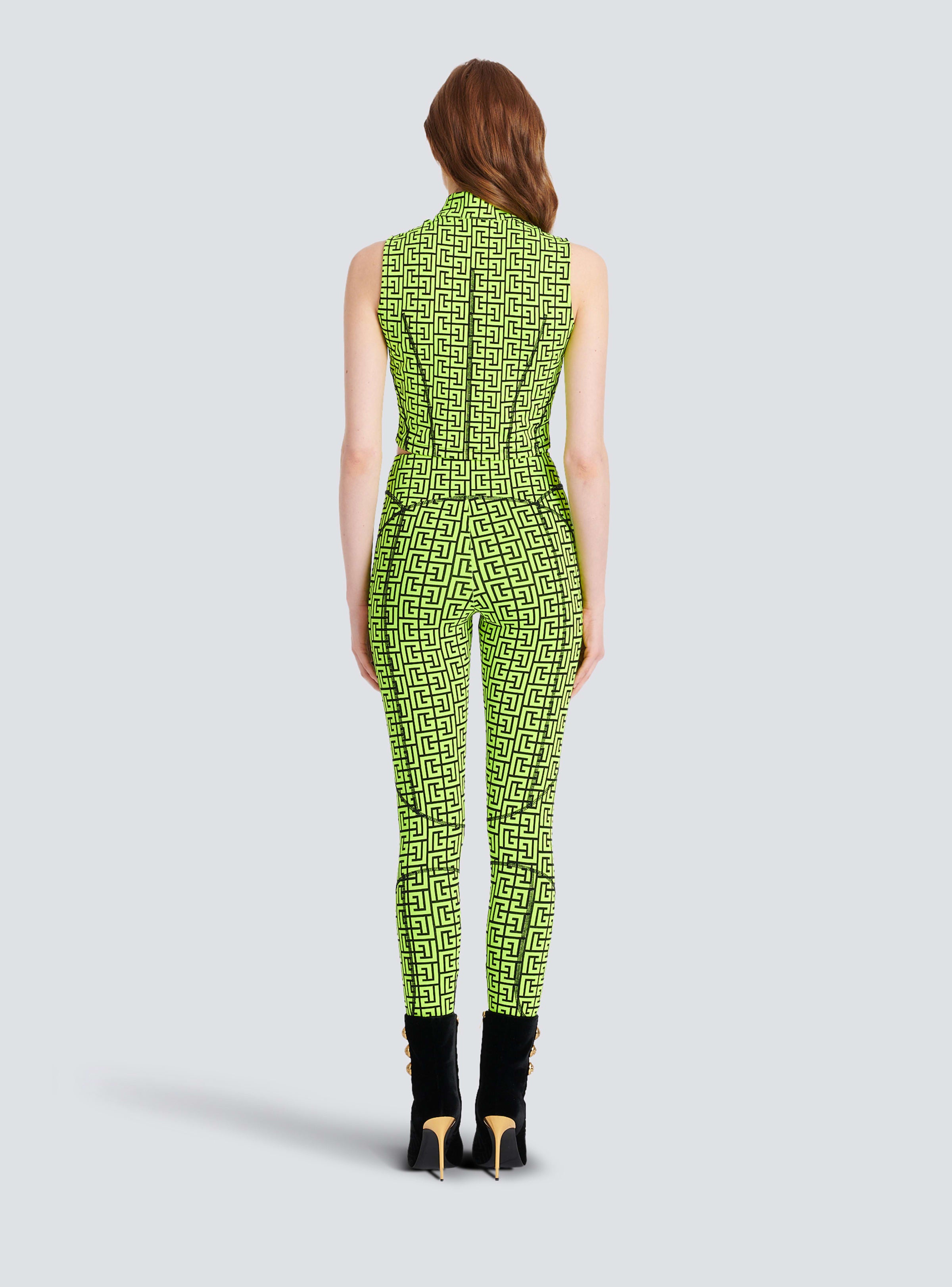 BALMAIN WOMEN'S BLACK NEON YELLOW MONOGRAM CROP TOP