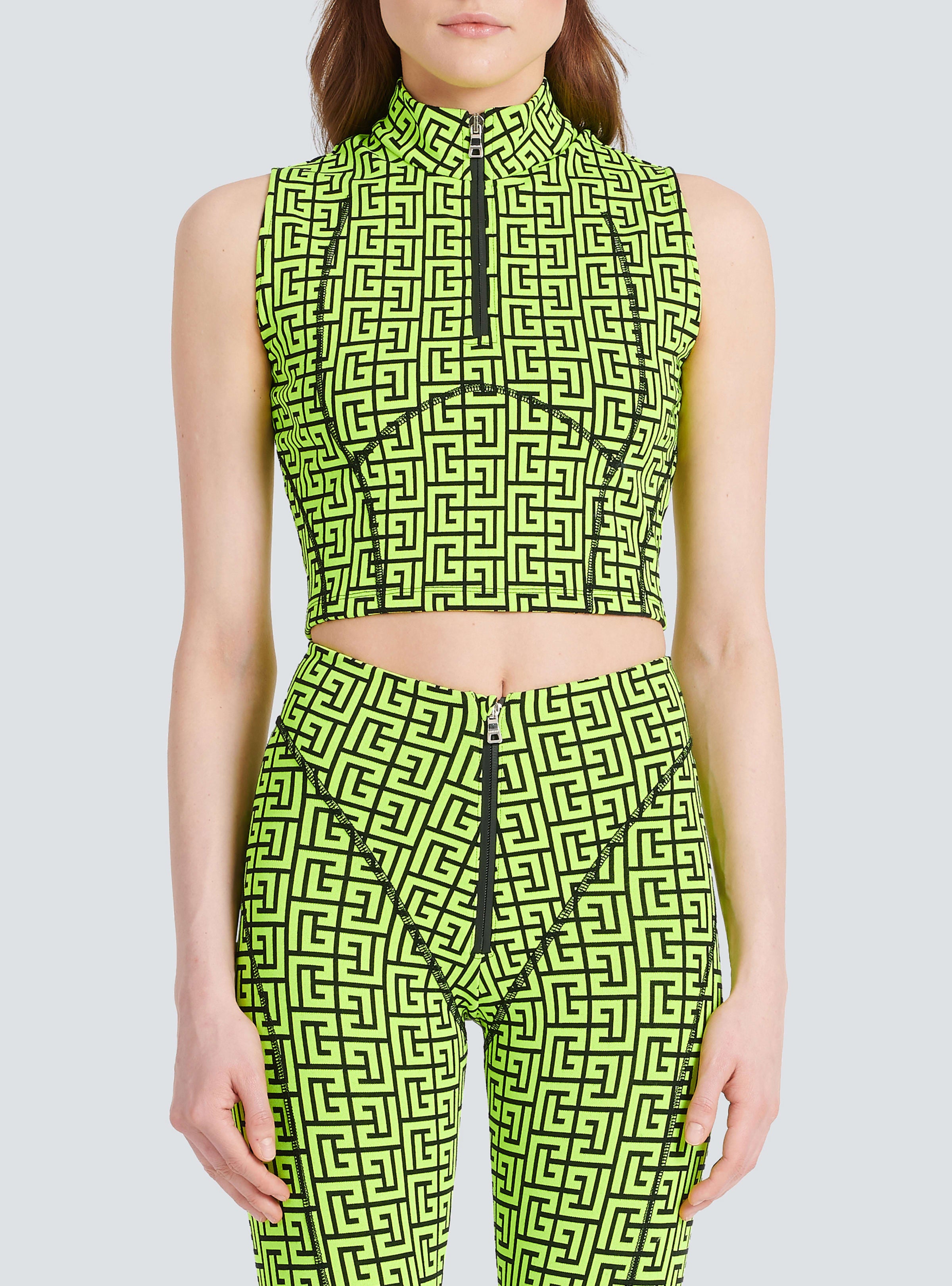 BALMAIN WOMEN'S BLACK NEON YELLOW MONOGRAM CROP TOP