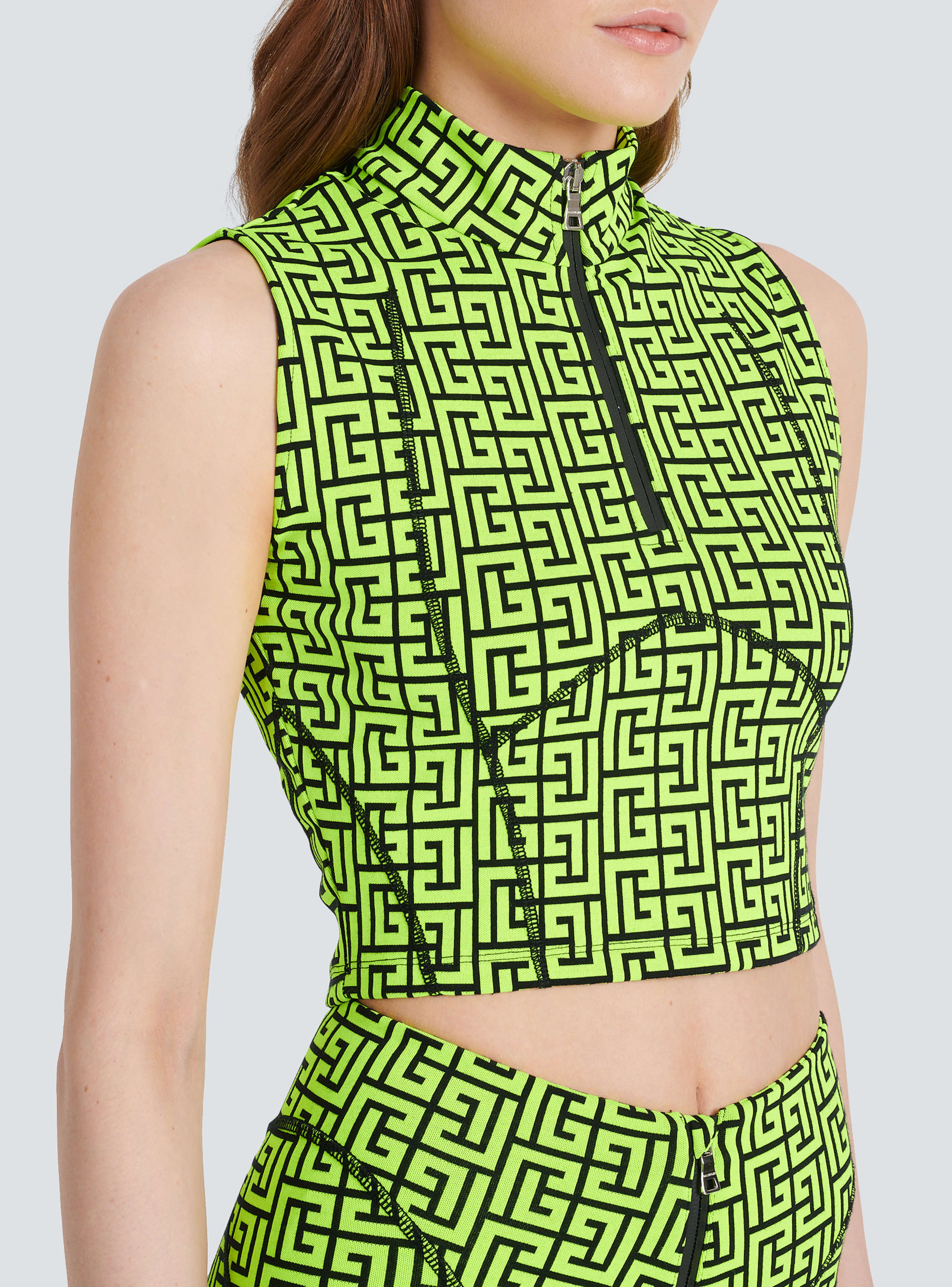 BALMAIN WOMEN'S BLACK NEON YELLOW MONOGRAM CROP TOP