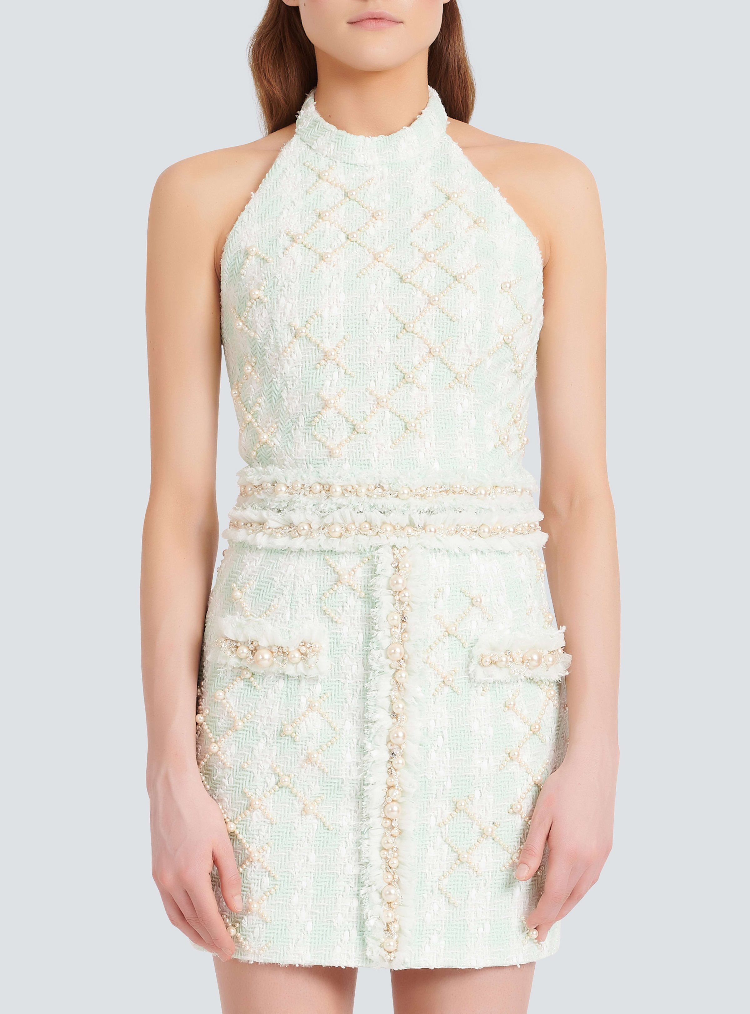 BALMAIN WOMEN'S HALTERNECK EMBROIDERED TWEED CROP TOP NWT
