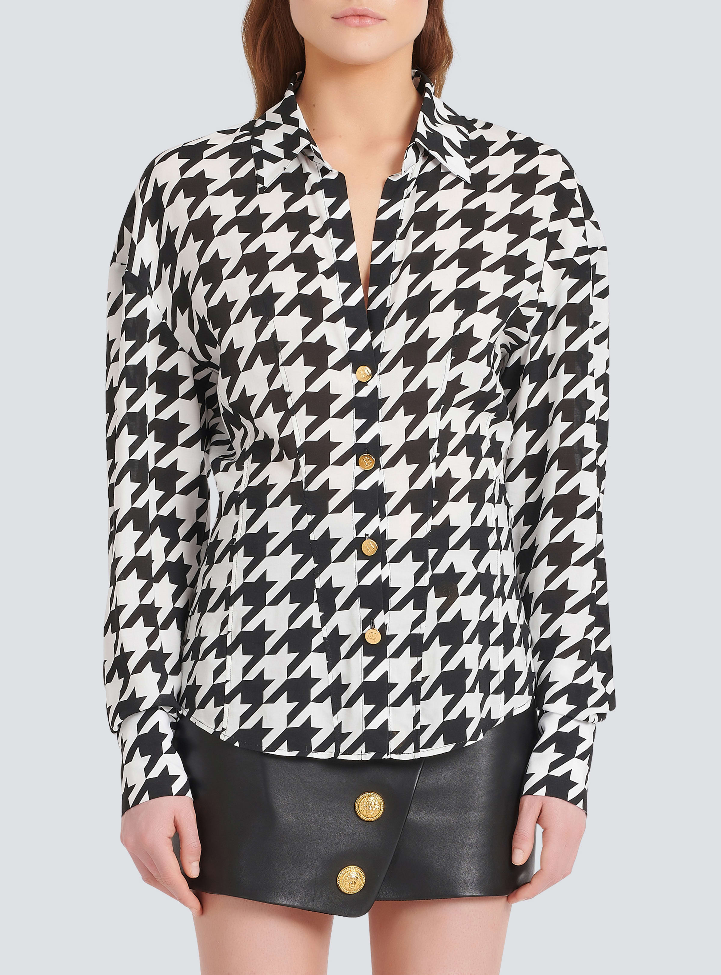 BALMAIN WOMEN'S PRINTED HOUNDSTOOTH FITTED SHIRT NWT