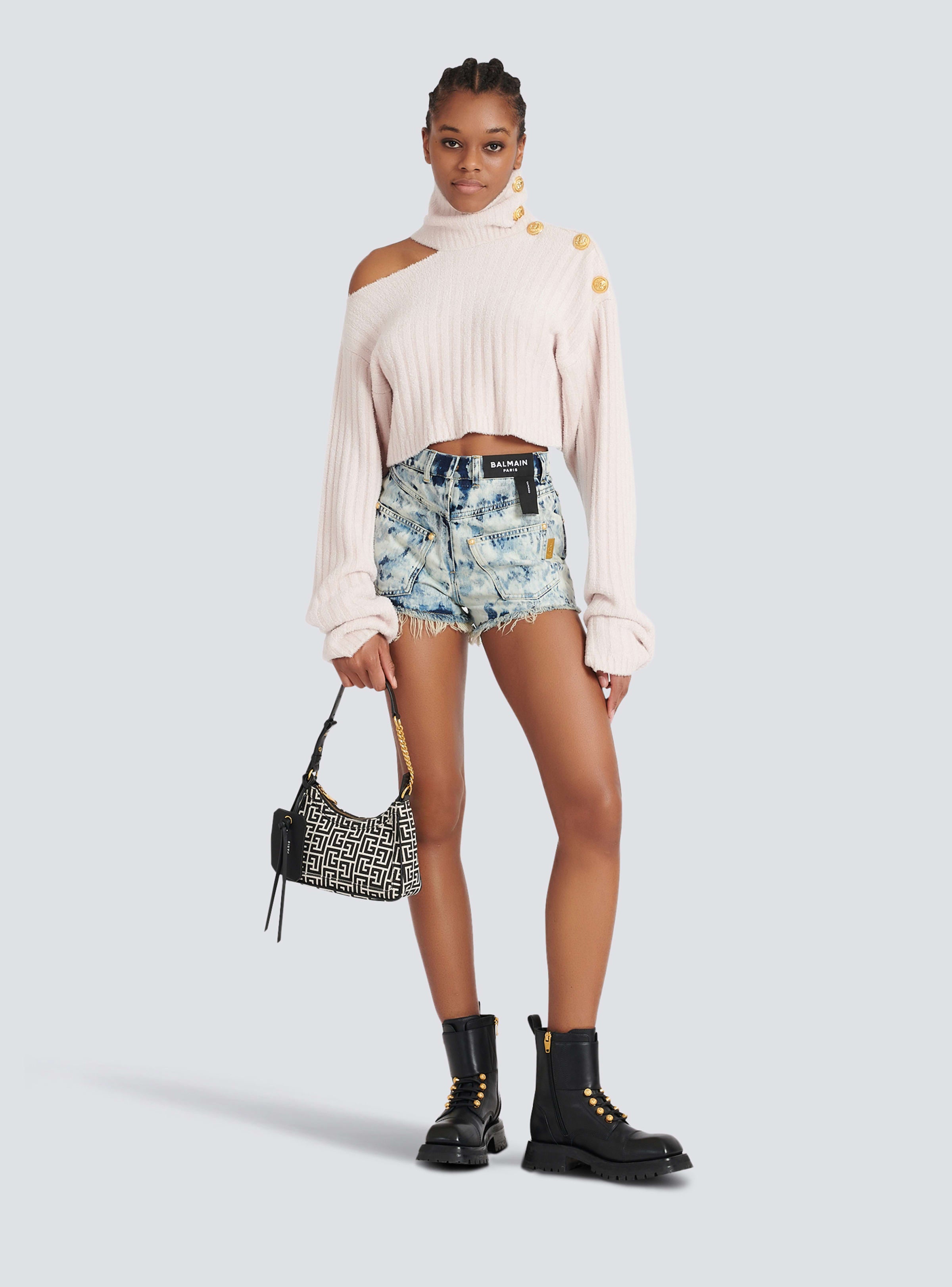 BALMAIN WOMEN'S HIGH COLLAR RIBBED VELVET CROP PULLOVER NWT