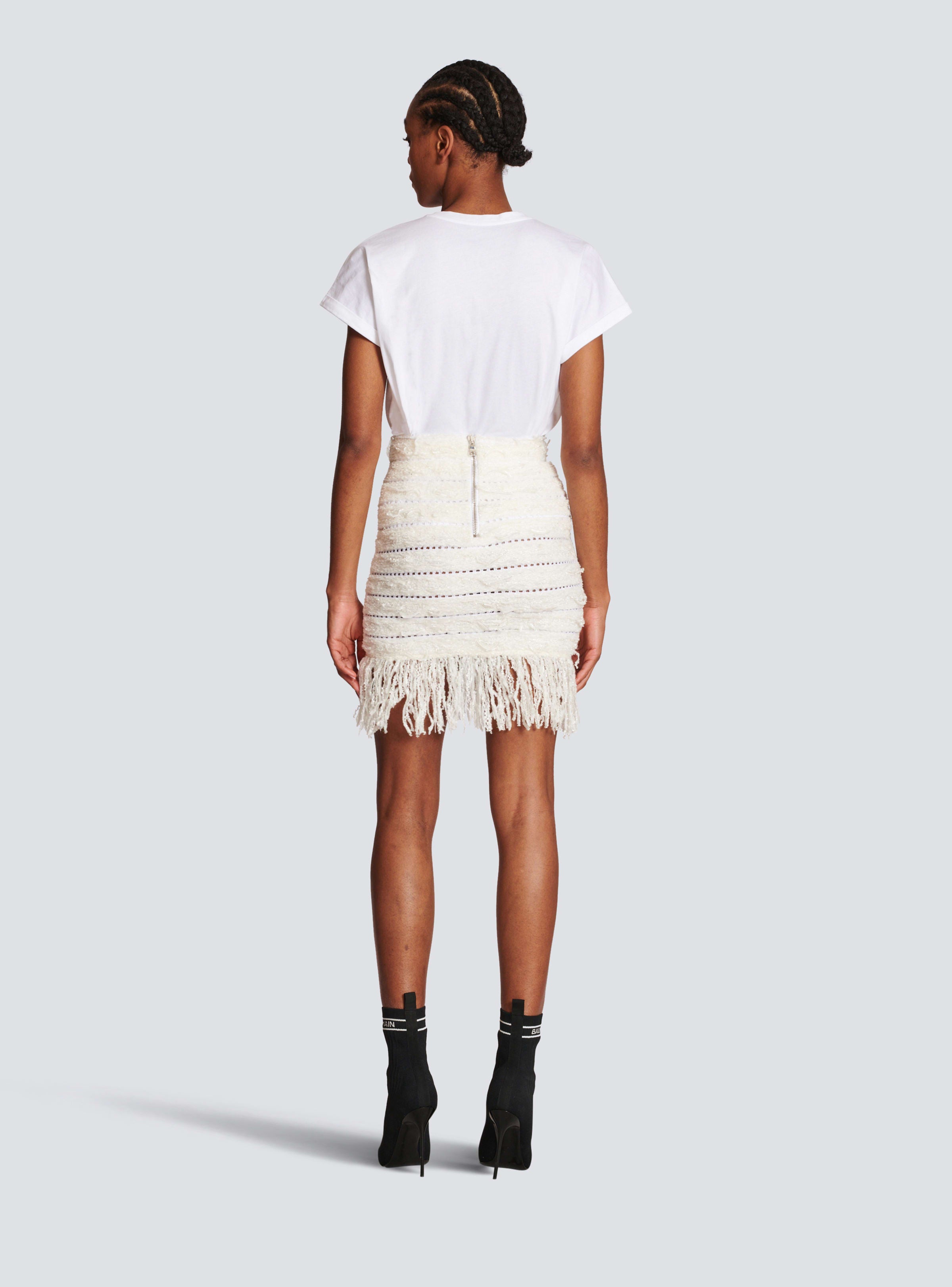 BALMAIN WOMEN'S 2 BTN IRIDESCENT FRINGED TWEED SKIRT NWT