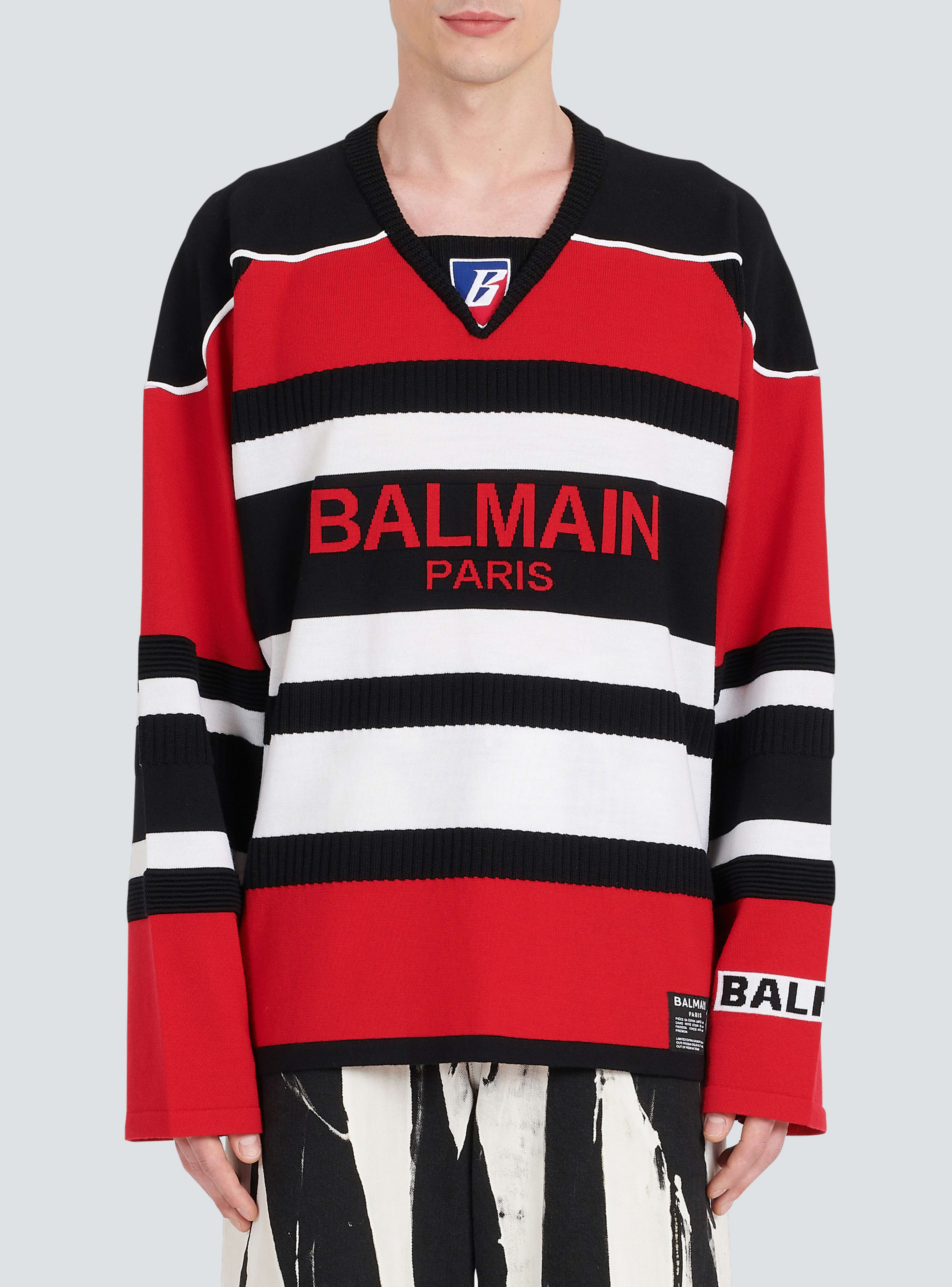BALMAIN MEN'S BLACK RED WHITE BOXY SWEATER