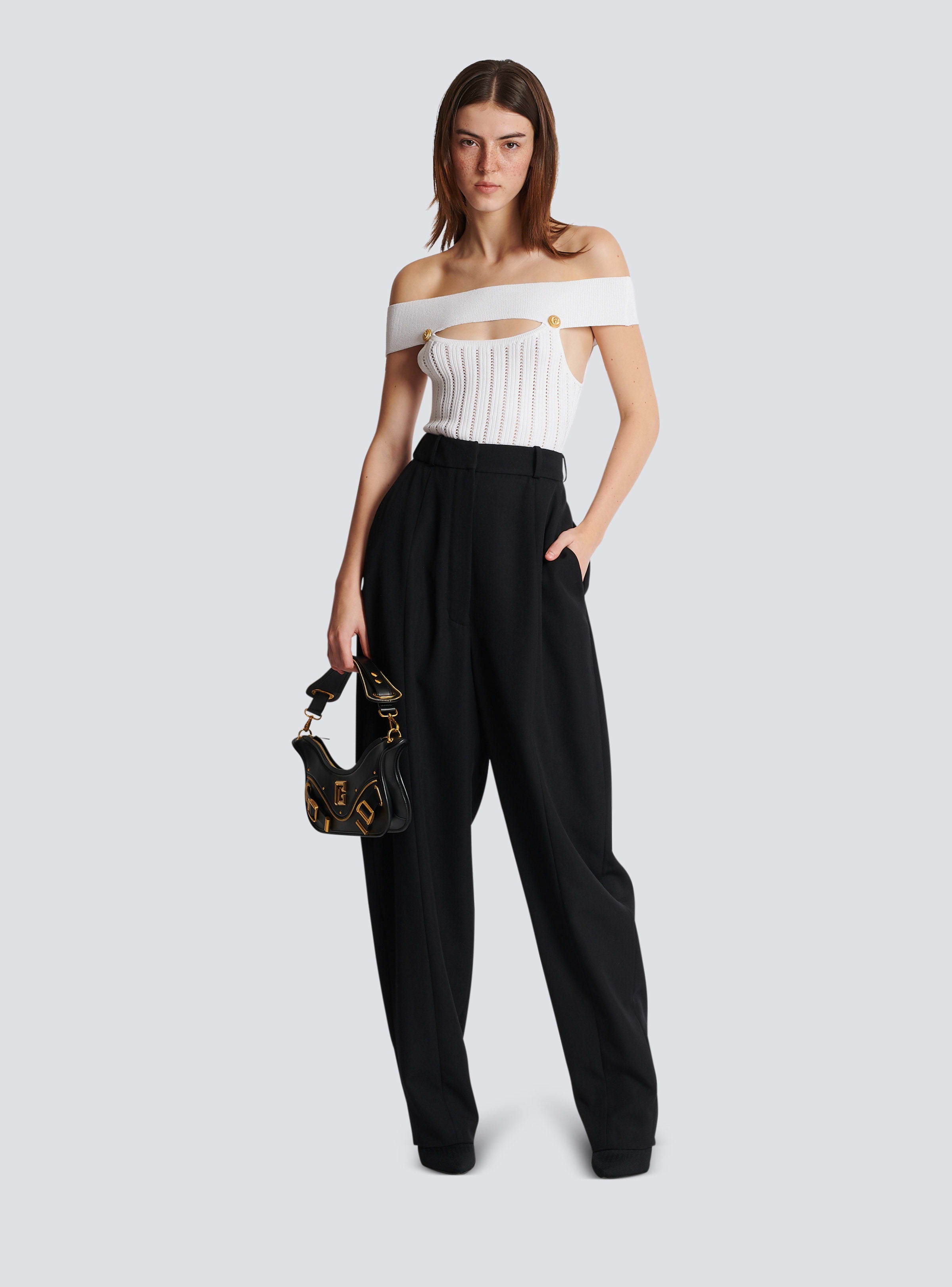 BALMAIN WOMEN'S OFF SHOULDER CUT RIBBED KNIT BODY NWT