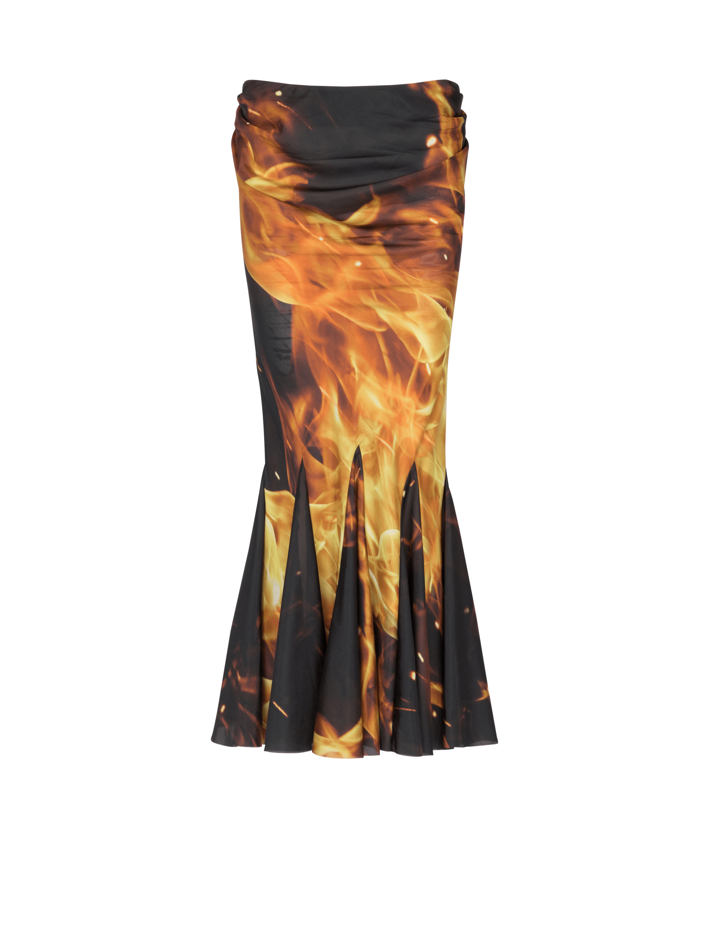 BALMAIN WOMEN'S BLACK YELLOW DRAPED FIRE PRINT SKIRT