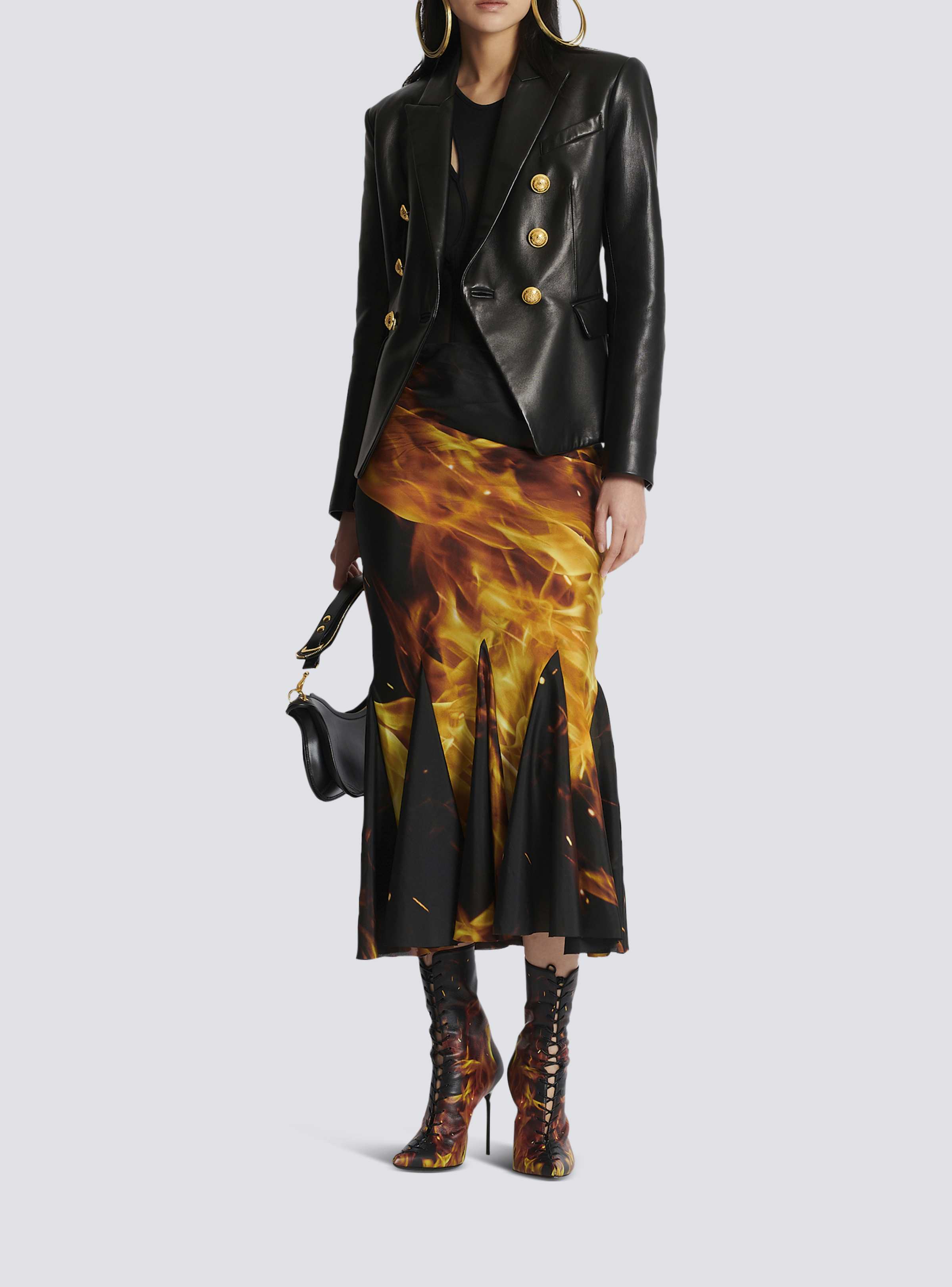BALMAIN WOMEN'S BLACK YELLOW DRAPED FIRE PRINT SKIRT
