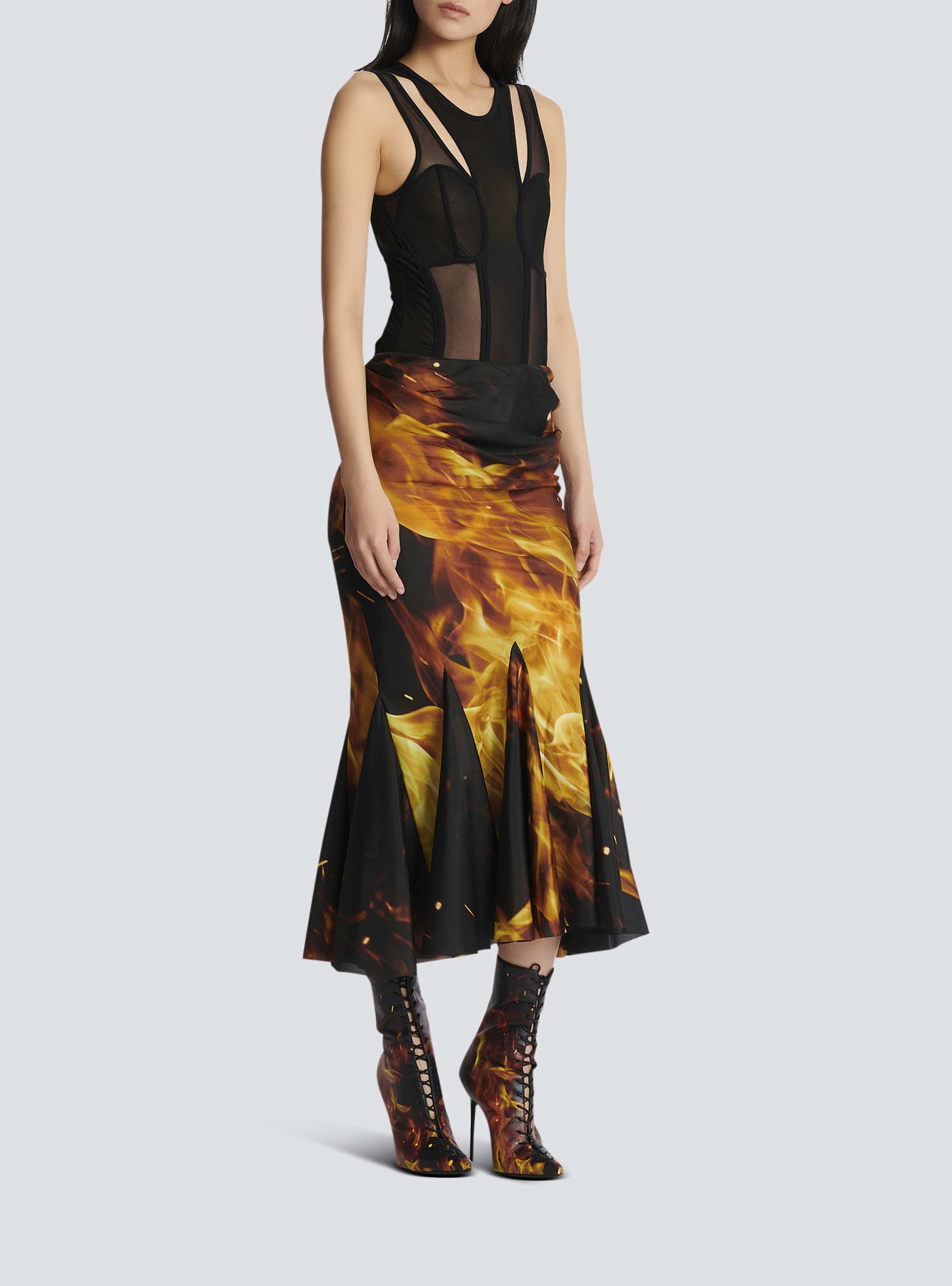 BALMAIN WOMEN'S BLACK YELLOW DRAPED FIRE PRINT SKIRT
