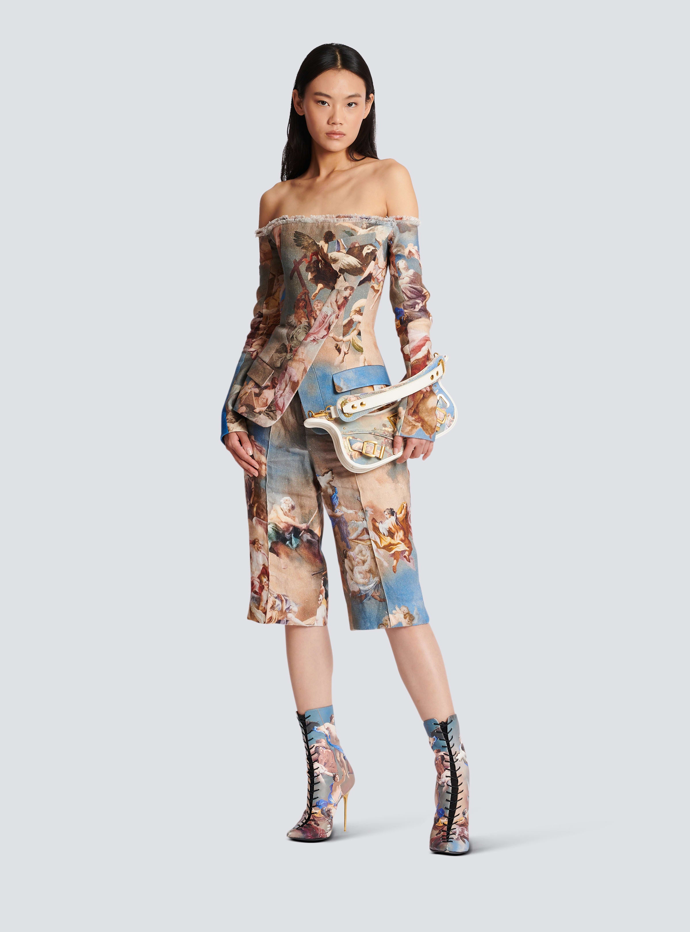 BALMAIN WOMEN'S SKY PRINTED CANVAS BERMUDA PANTS NWT
