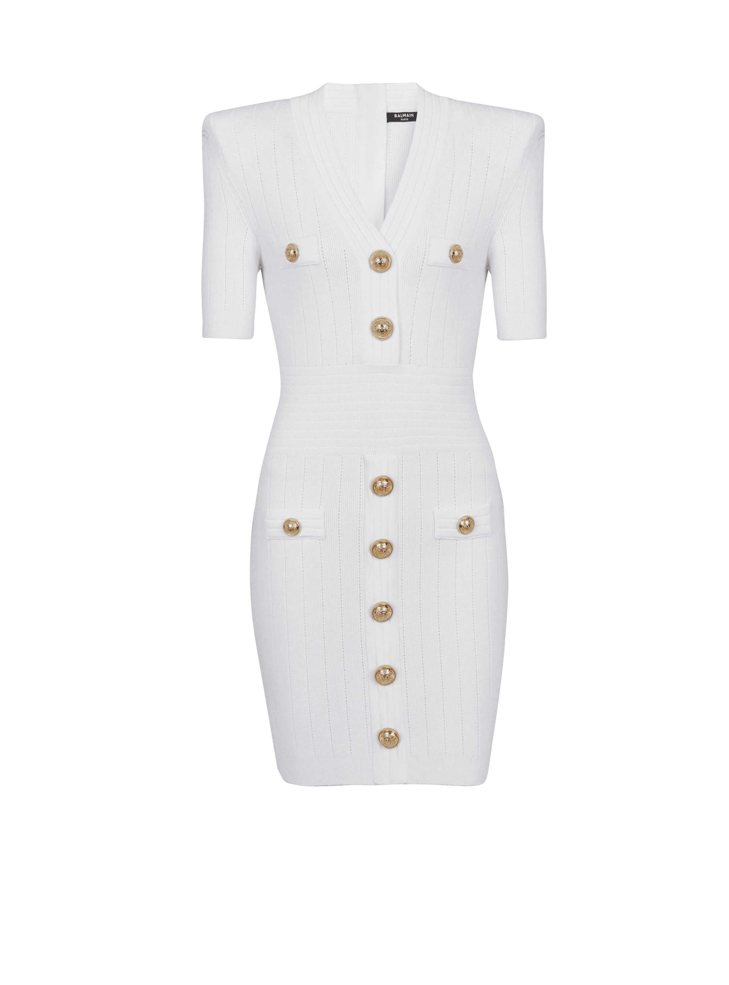 BALMAIN WOMEN'S SS BUTTONED V-NECK KNIT SHORT DRESS NWT