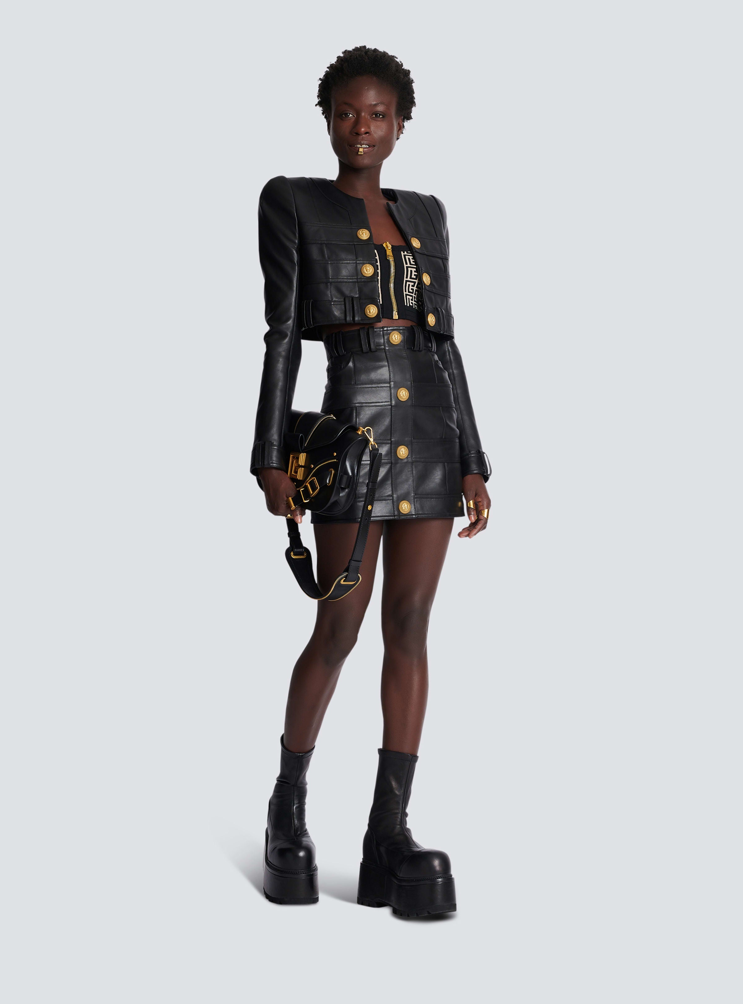 BALMAIN WOMEN'S HW LEATHER BUTTONED SHORT SKIRT NWT