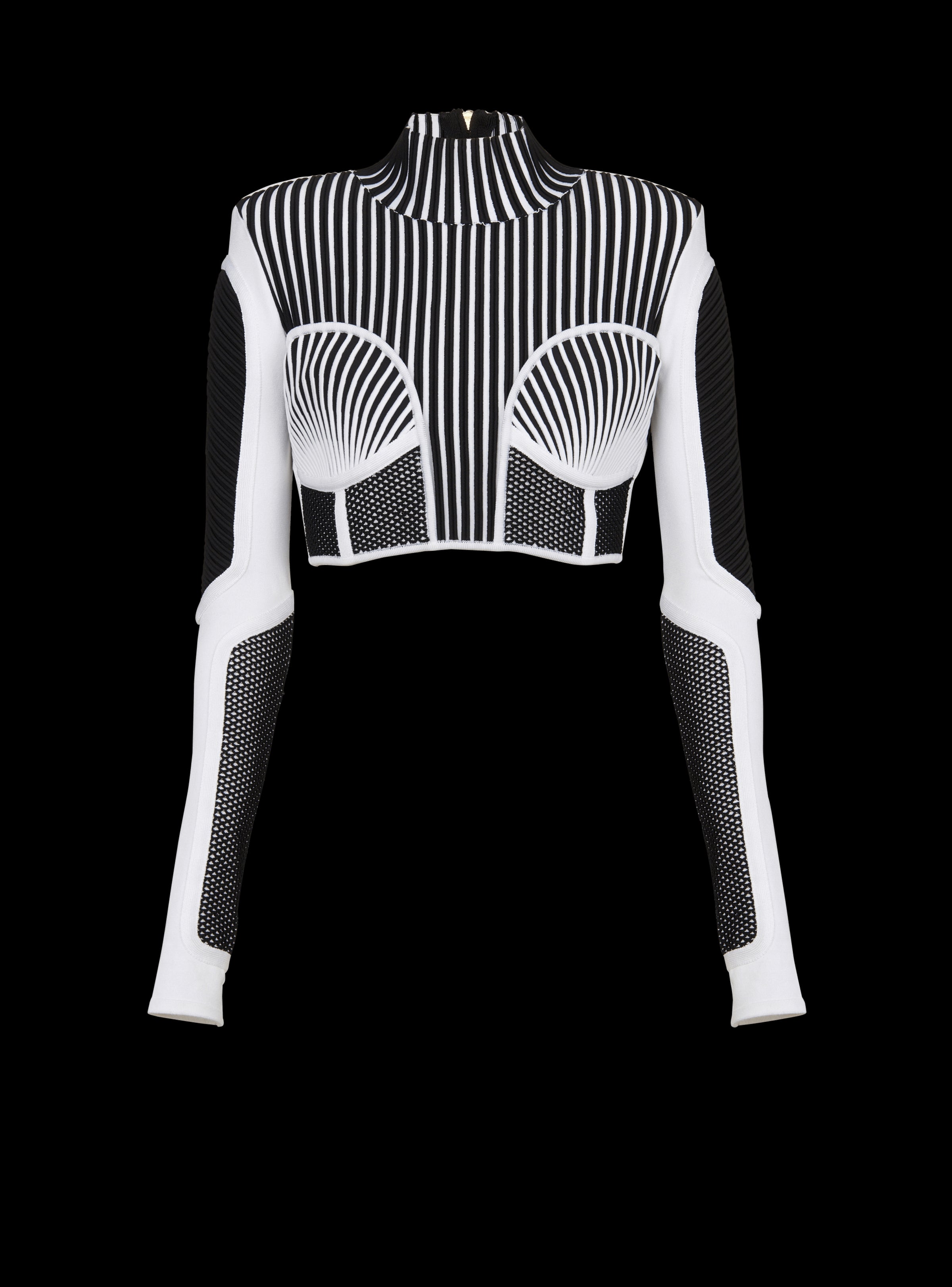 BALMAIN WOMEN'S LS BIKER KNIT & MESH CROPPED TOP NWT