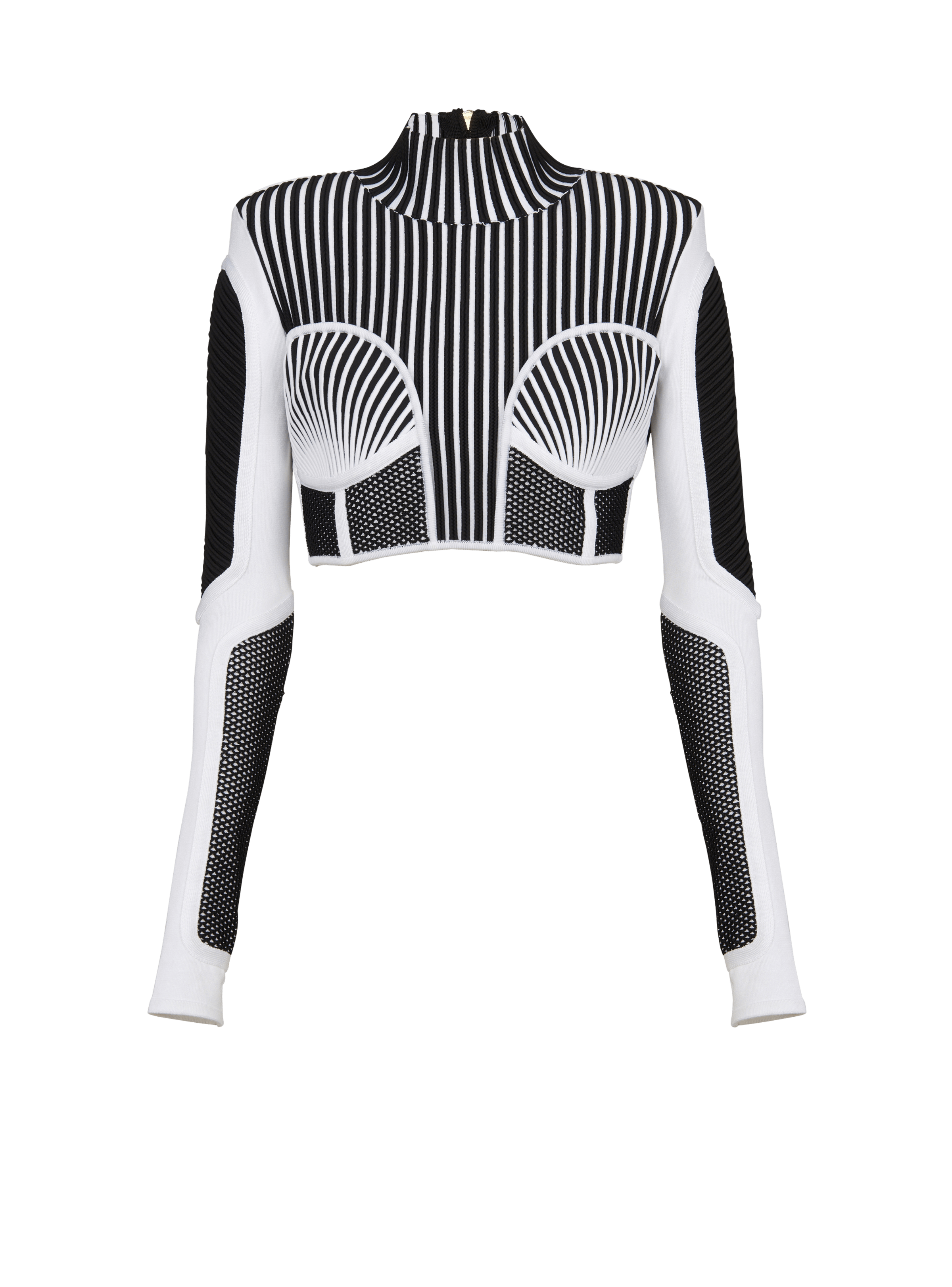 BALMAIN WOMEN'S BLACK AND WHITE KNIT MESH CROPPED TOP