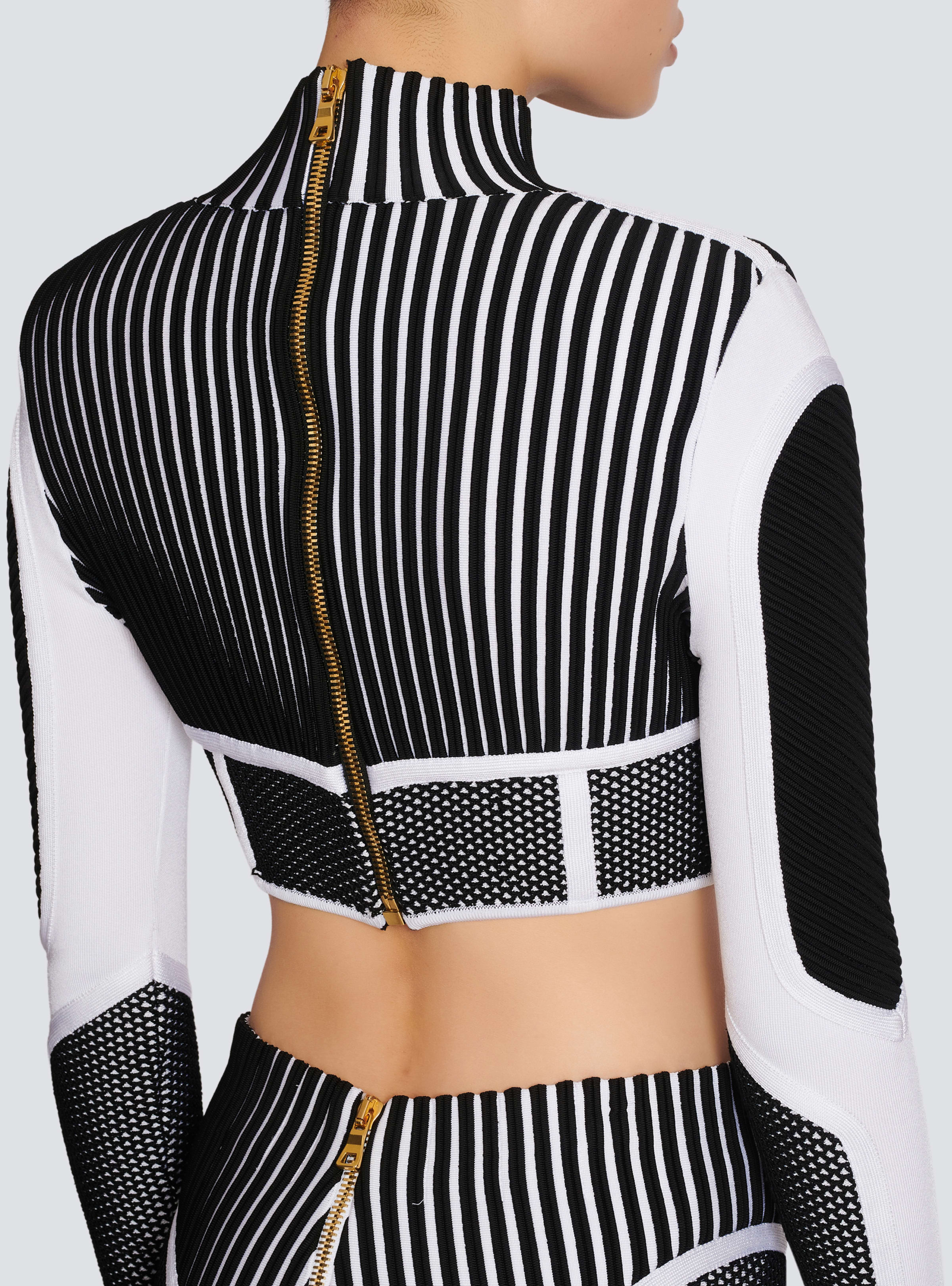 BALMAIN WOMEN'S BLACK AND WHITE KNIT MESH CROPPED TOP